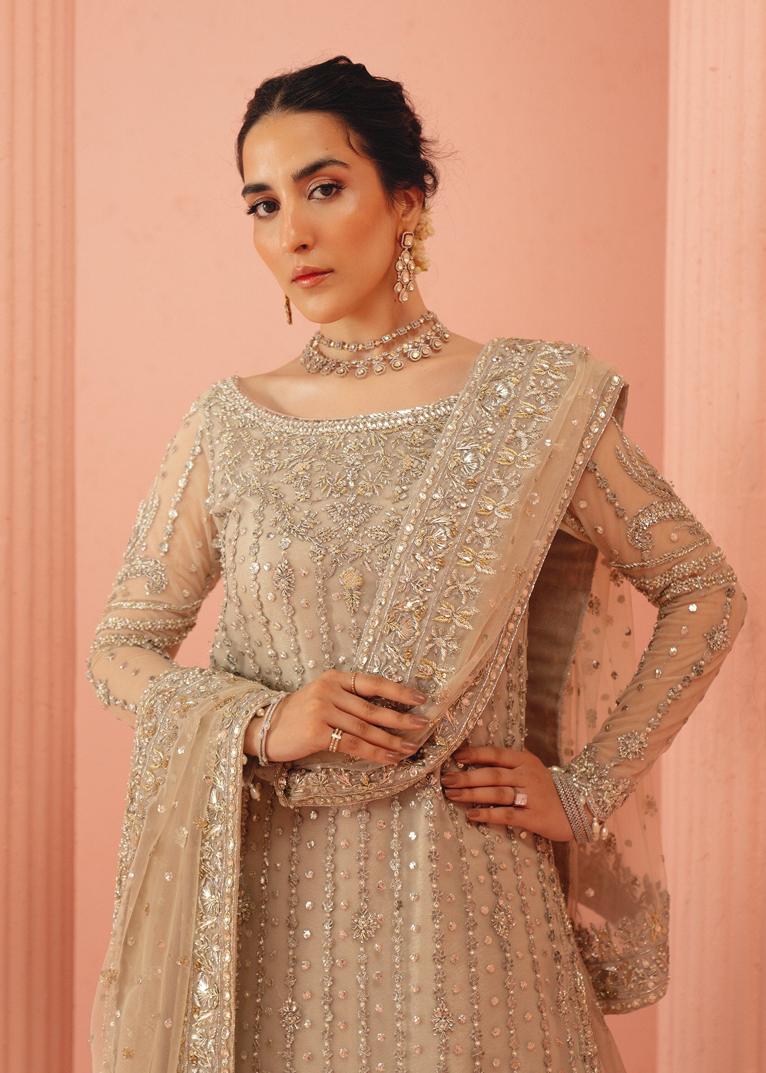 Ivory Gota Mukesh Zardozi Net & Tissue Lehenga (3-Piece) - Image 2