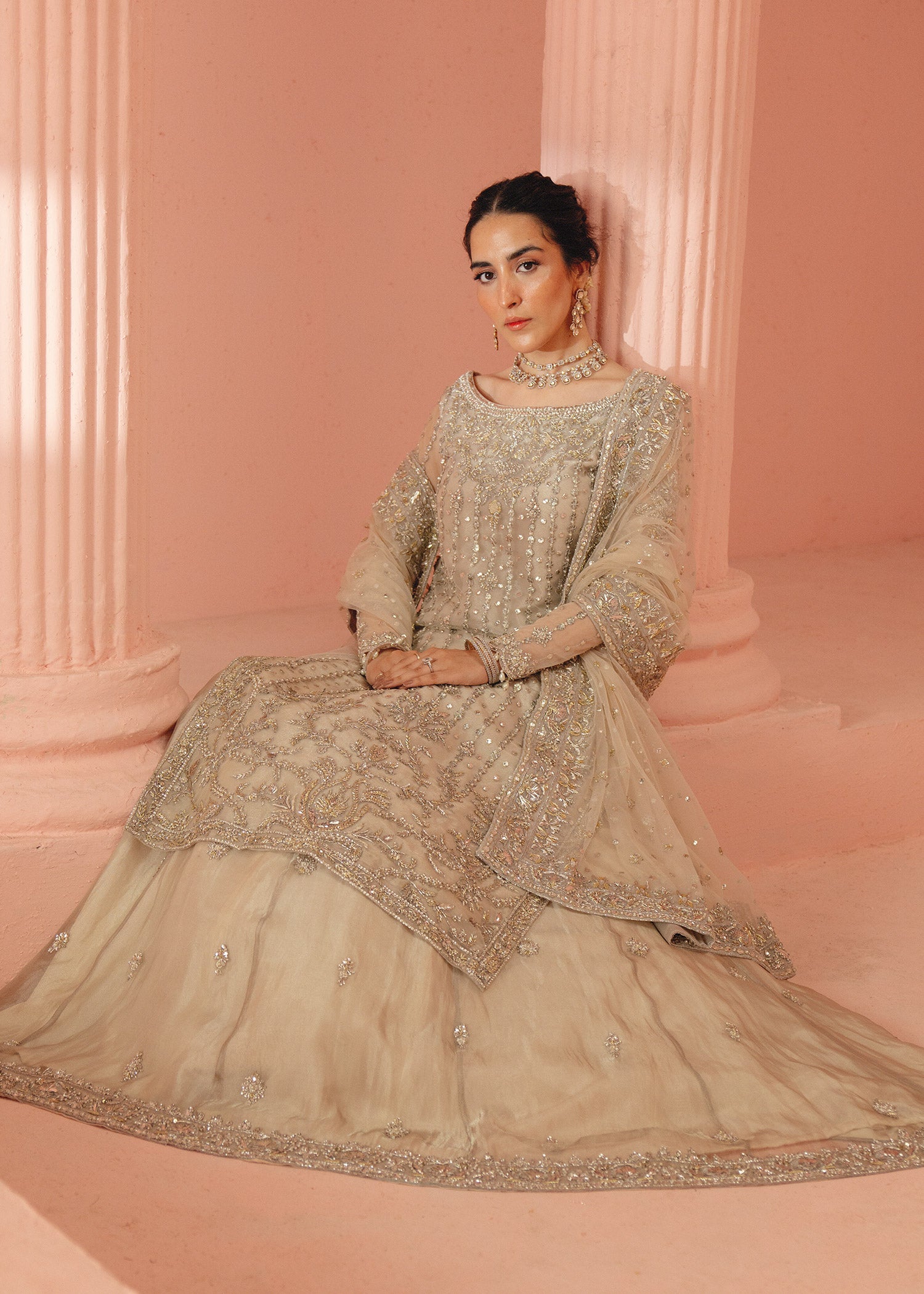 Ivory Gota Mukesh Zardozi Net & Tissue Lehenga (3-Piece) - Image 3