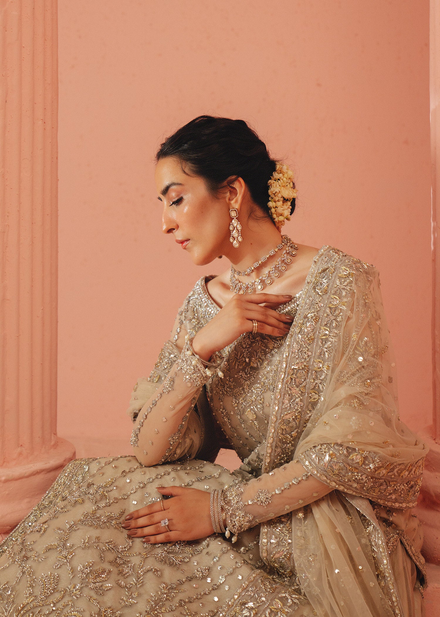 Ivory Gota Mukesh Zardozi Net & Tissue Lehenga (3-Piece) - Image 6