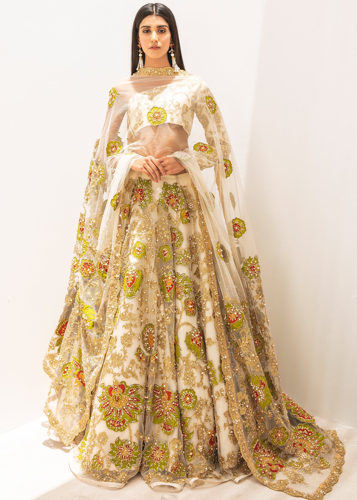 Pakistani Off-White Embroidered Net Lehenga Set (3-Piece) - Image 1