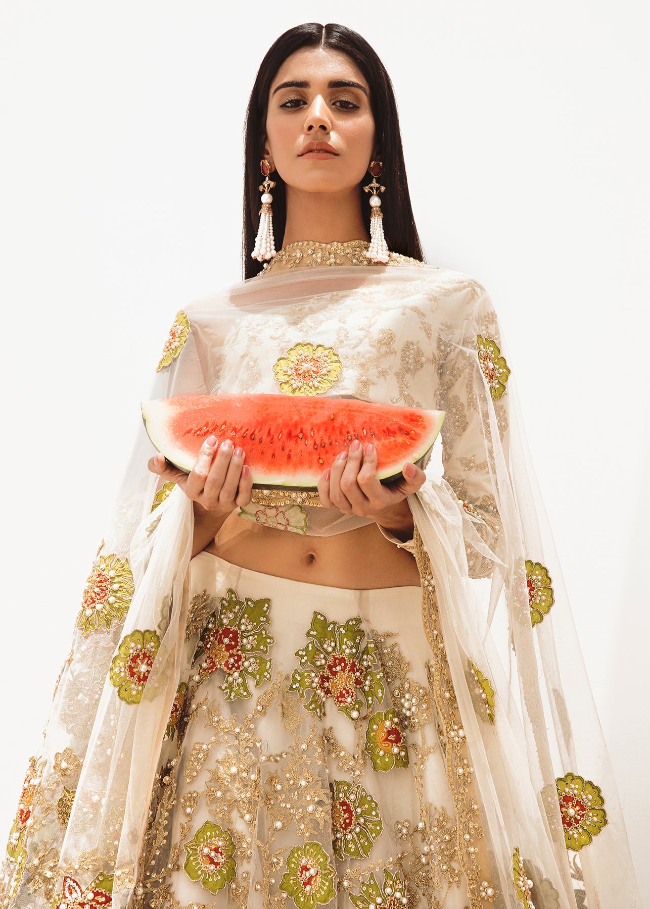 Pakistani Off-White Embroidered Net Lehenga Set (3-Piece) - Image 3