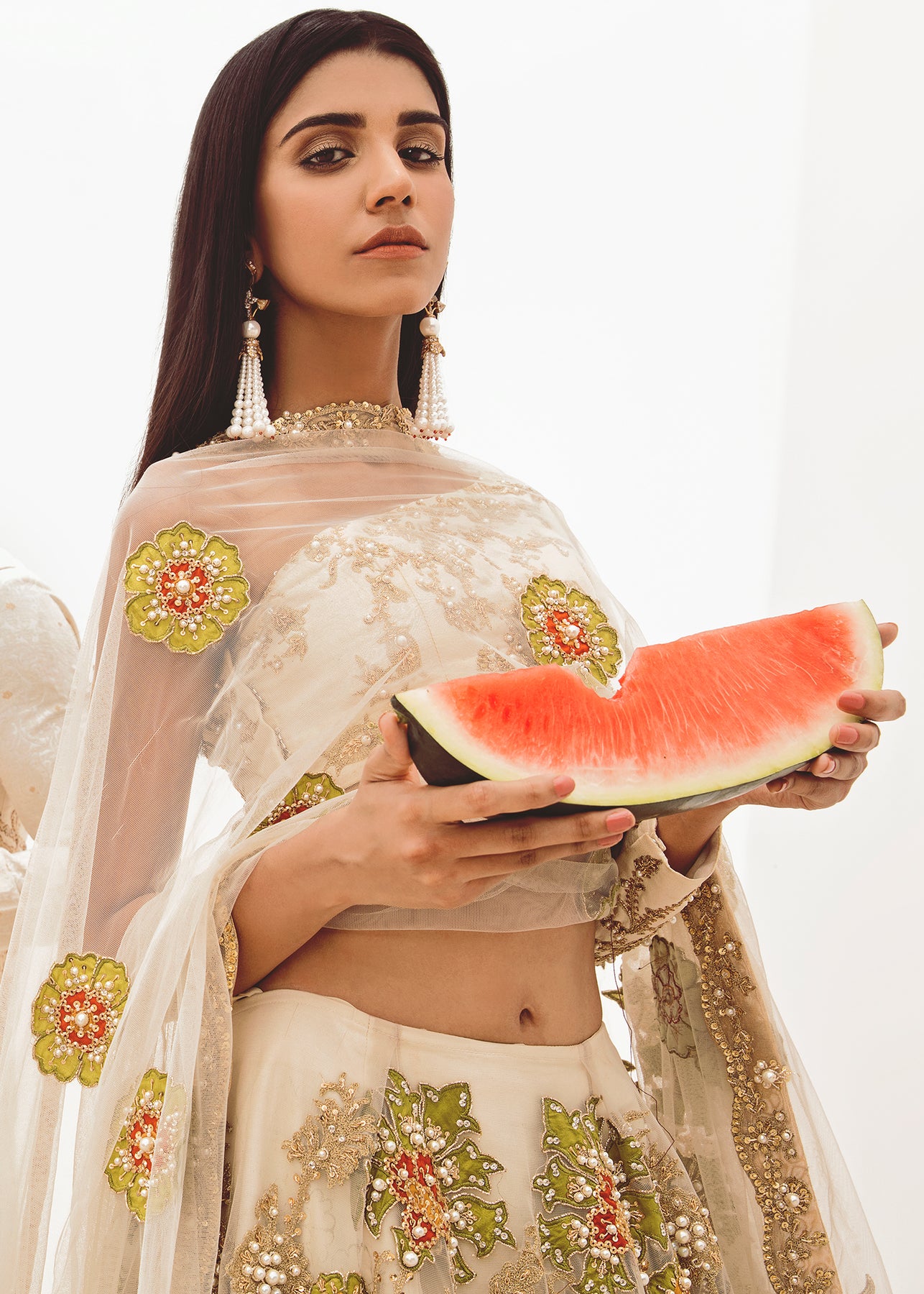 Pakistani Off-White Embroidered Net Lehenga Set (3-Piece) - Image 4