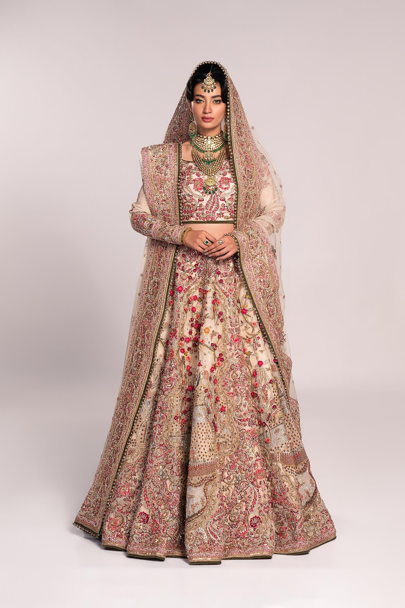 Ivory Zardozi Embroidered Net Bridal Lehenga (3-Piece) - Image 11