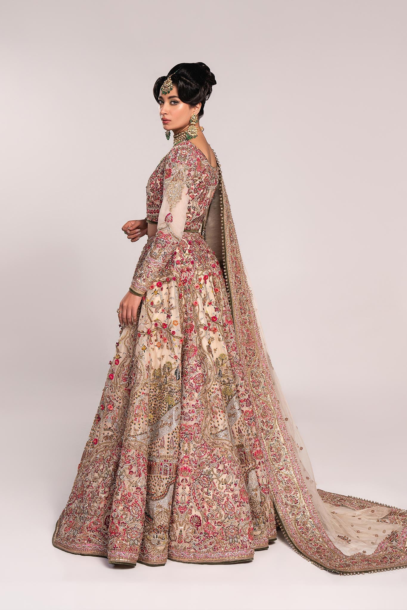 Ivory Zardozi Embroidered Net Bridal Lehenga (3-Piece) - Image 14