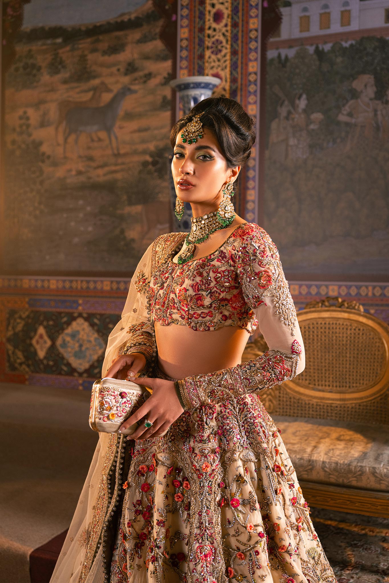 Ivory Zardozi Embroidered Net Bridal Lehenga (3-Piece) - Image 4