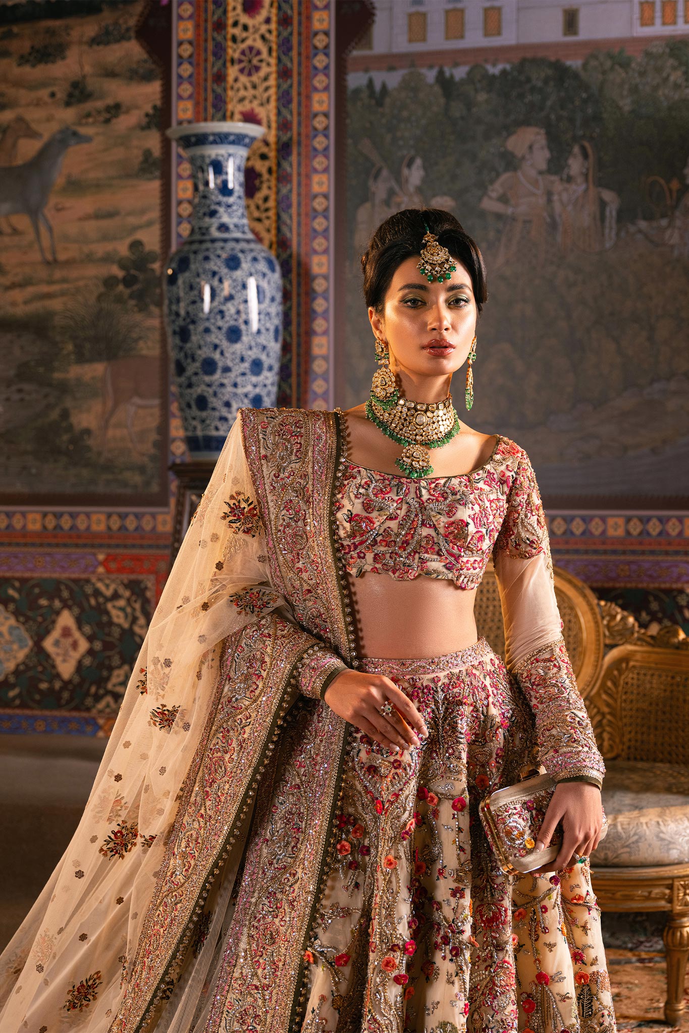 Ivory Zardozi Embroidered Net Bridal Lehenga (3-Piece) - Image 5