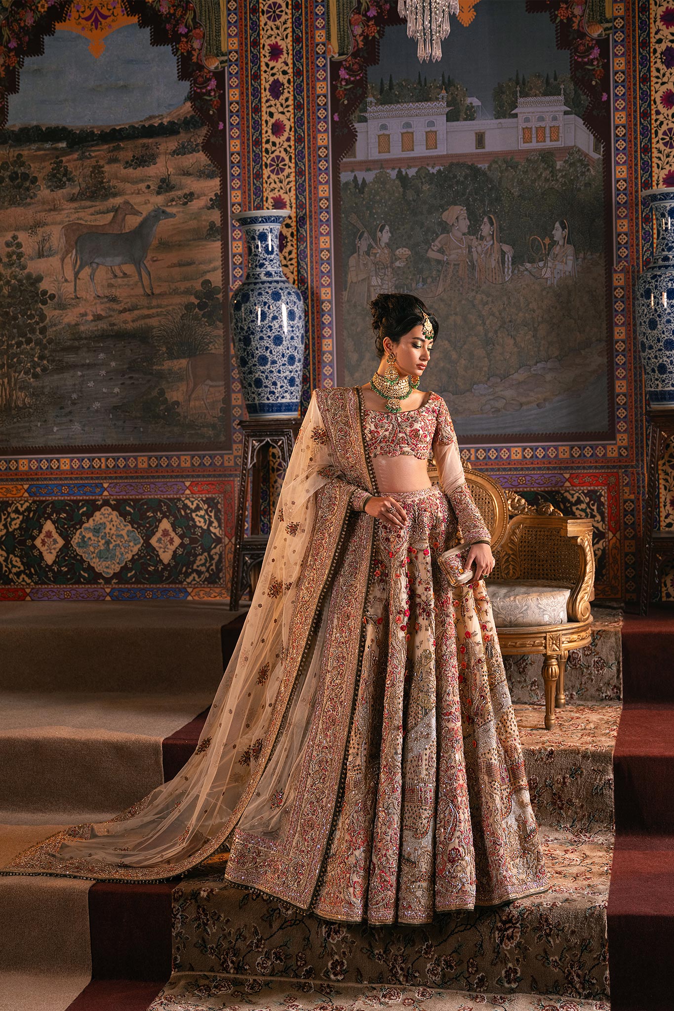 Ivory Zardozi Embroidered Net Bridal Lehenga (3-Piece) - Image 6