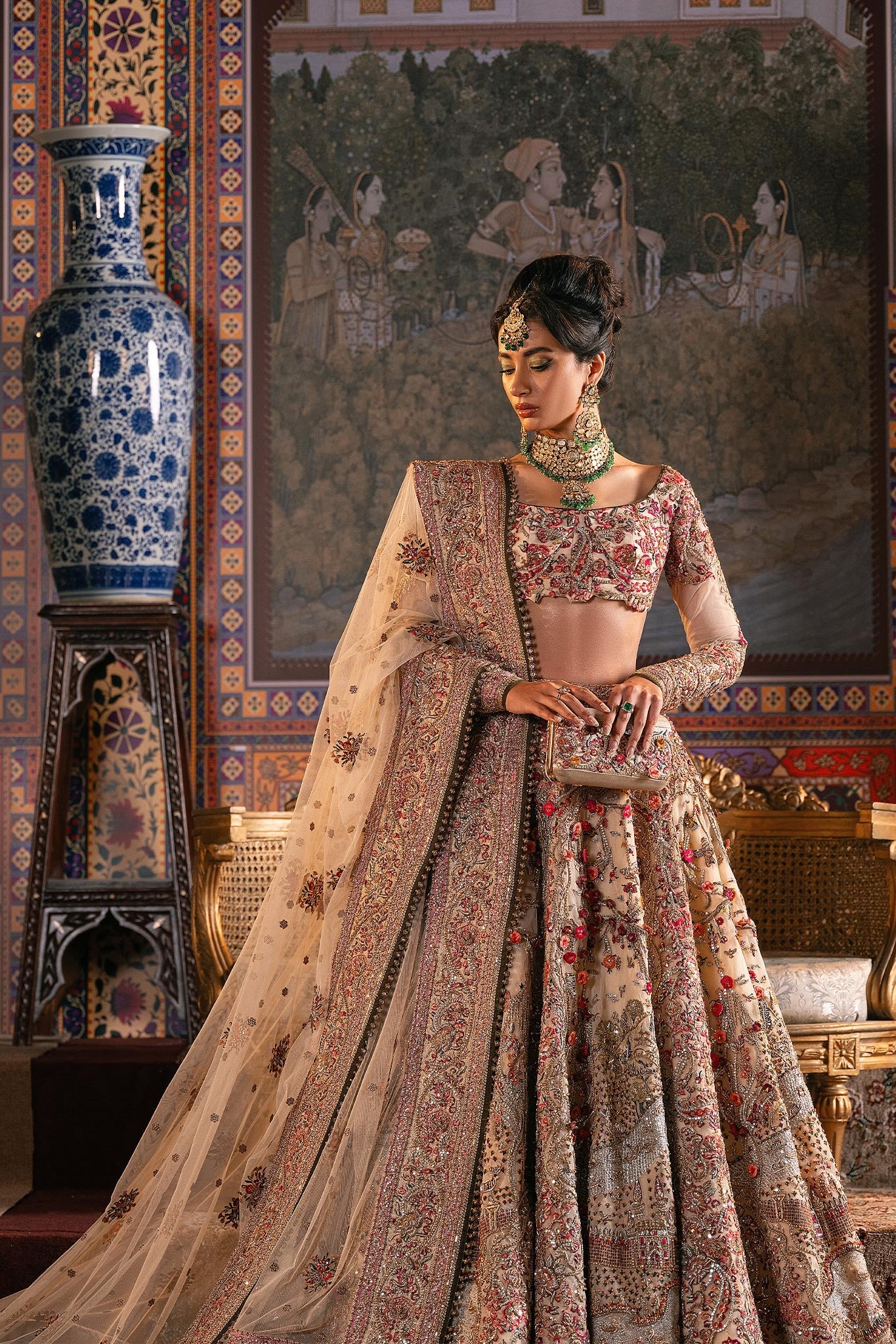 Ivory Zardozi Embroidered Net Bridal Lehenga (3-Piece) - Image 7