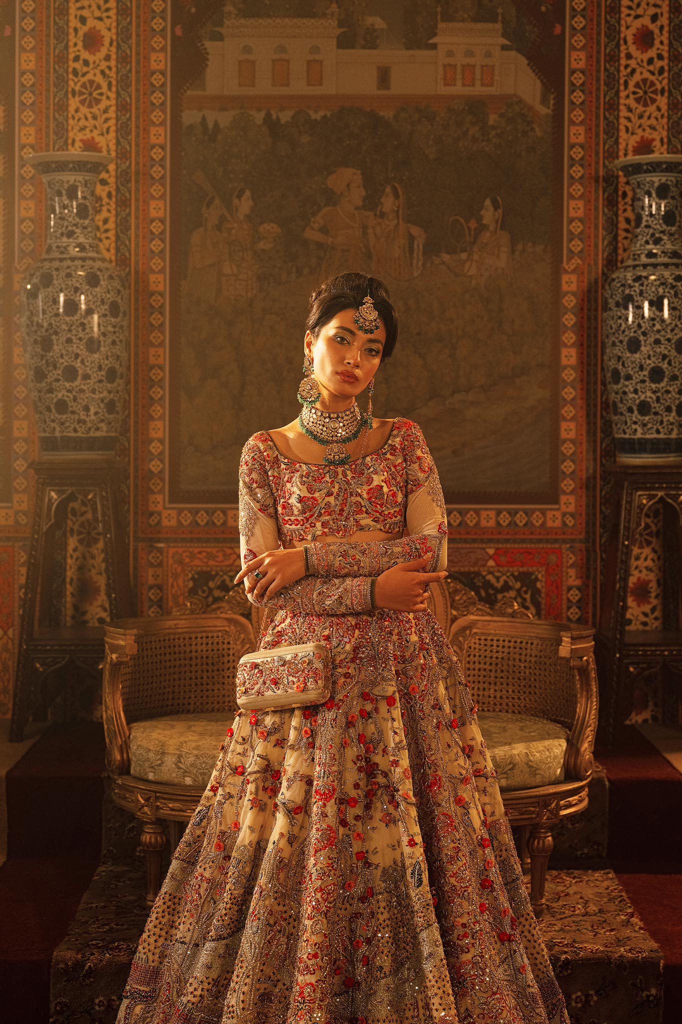 Ivory Zardozi Embroidered Net Bridal Lehenga (3-Piece) - Image 9