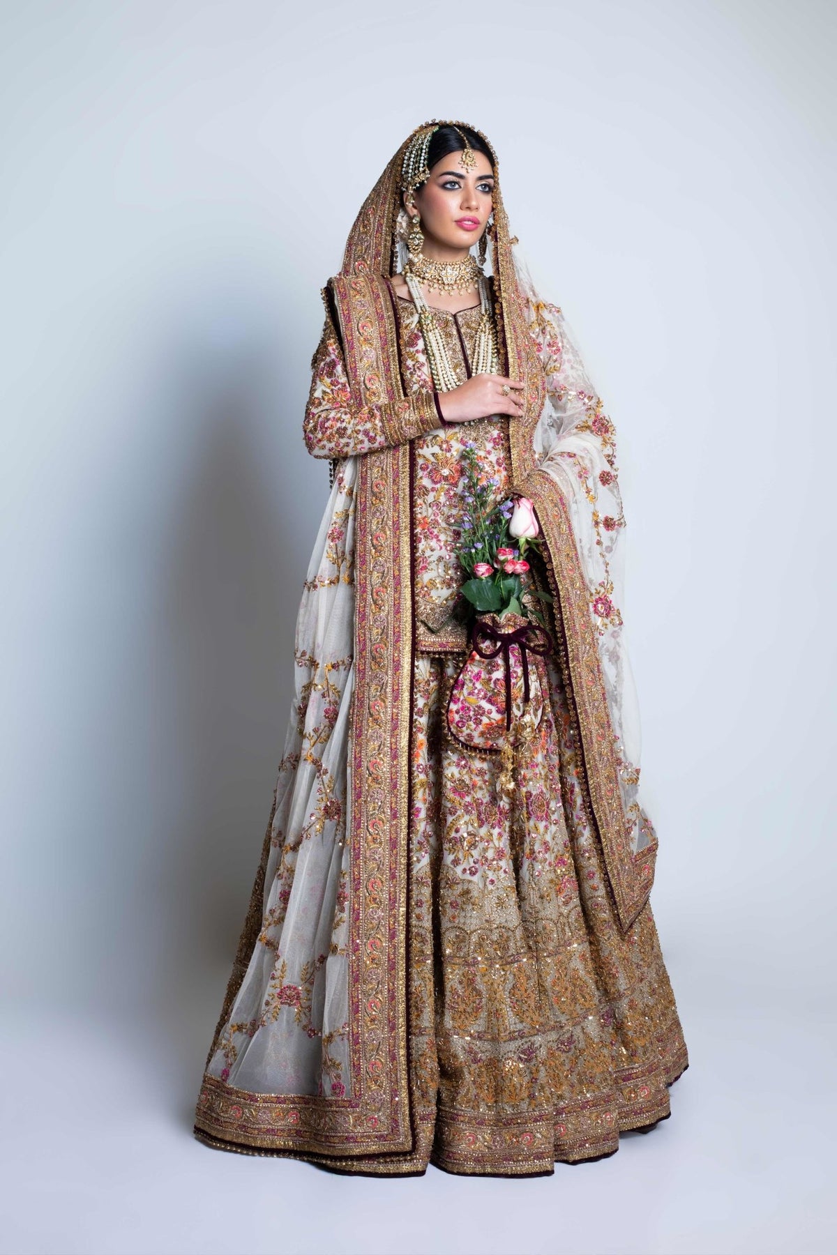 Pakistani Ivory Embroidered Net Lehenga Set (3-Piece) - Image 1