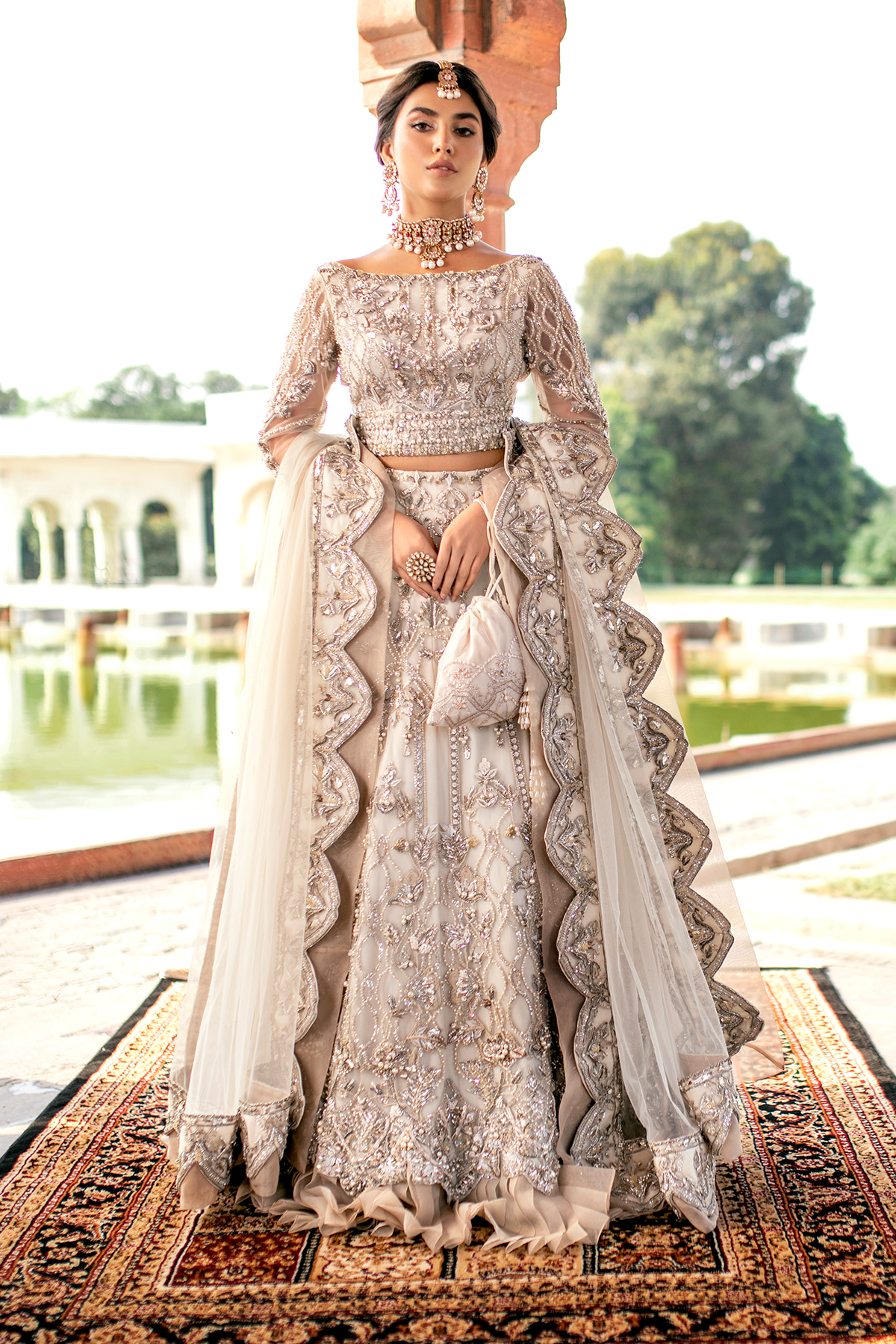 Ivory Zardozi Embroidered Net Lehenga Choli (3-Piece) - Image 3