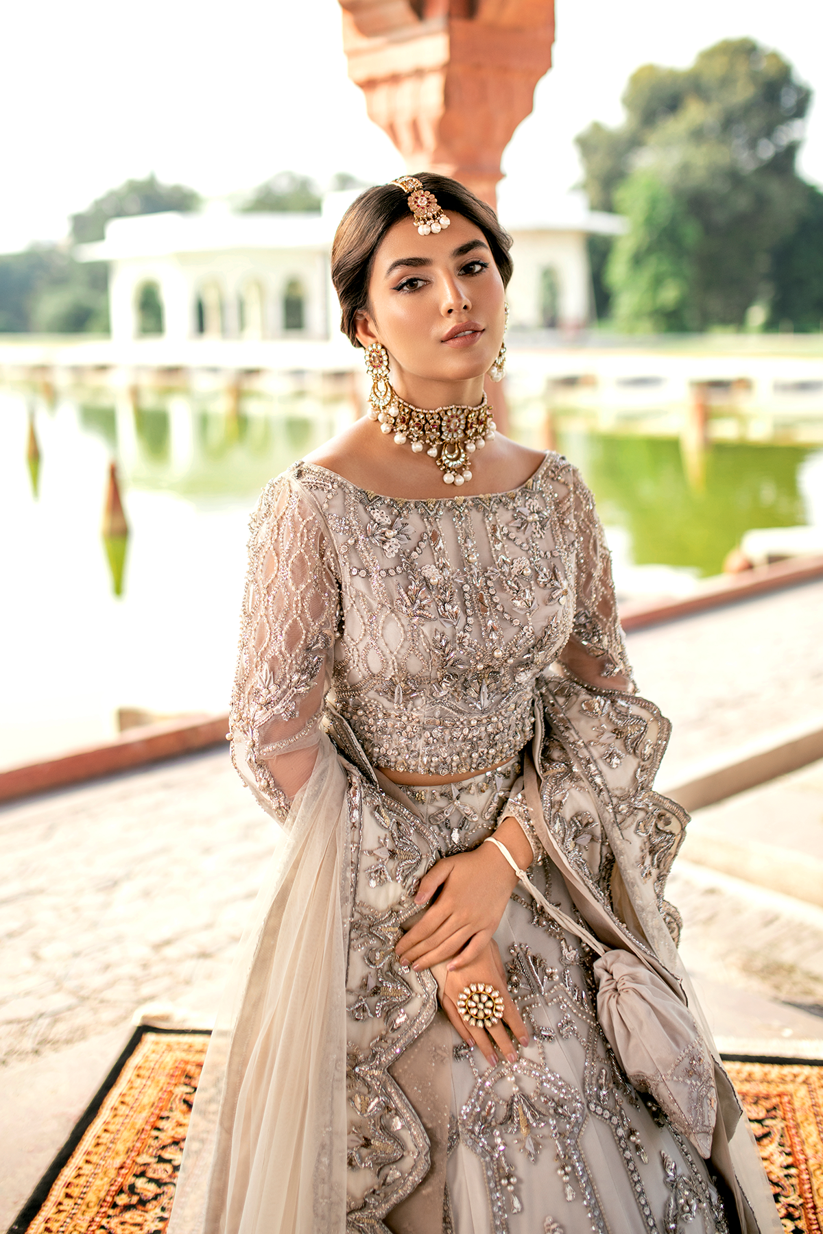 Ivory Zardozi Embroidered Net Lehenga Choli (3-Piece) - Image 4