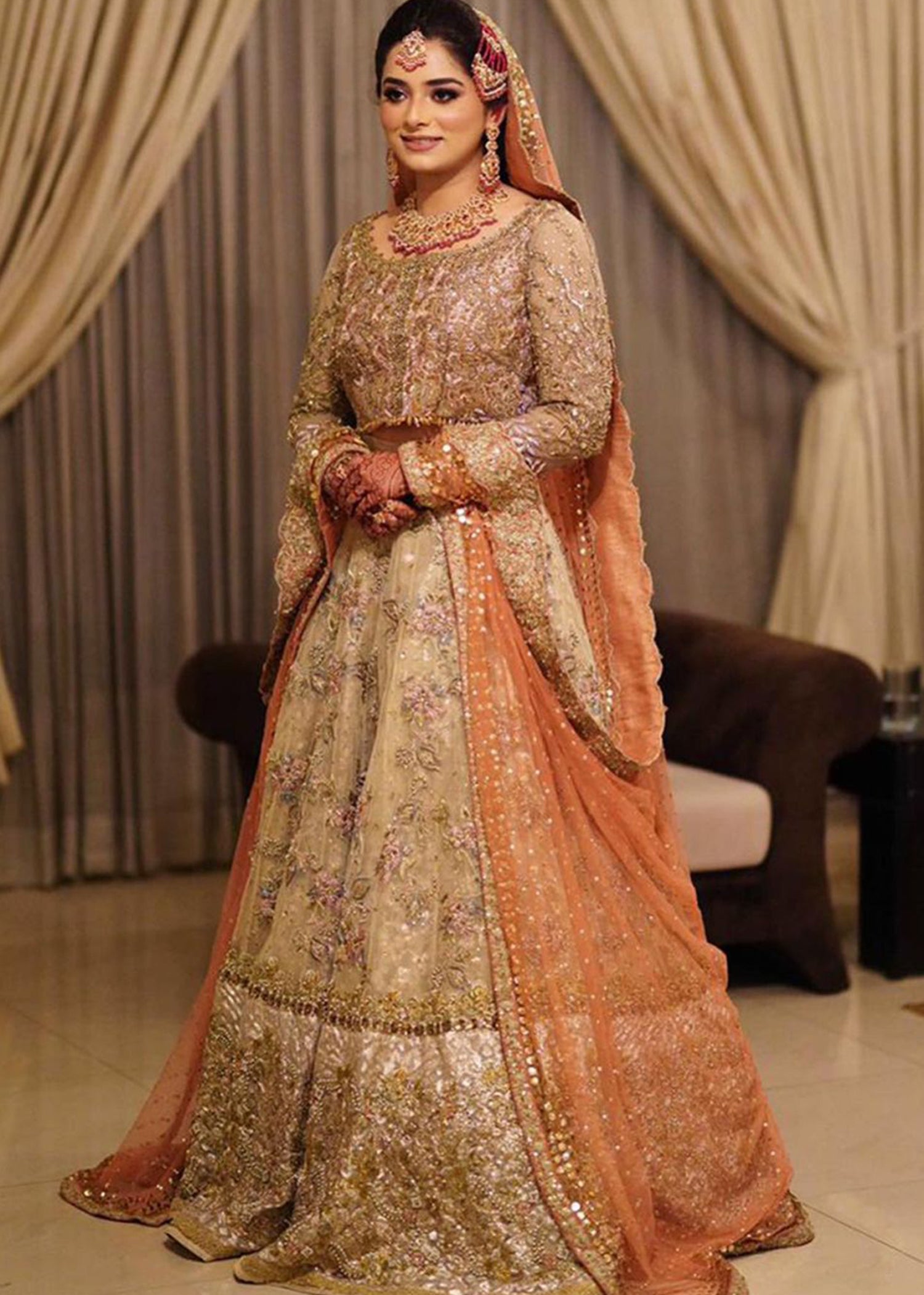 Pakistani Peach Ivory Embellished Net Organza Bridal Lehenga (3-Piece) - Image 1