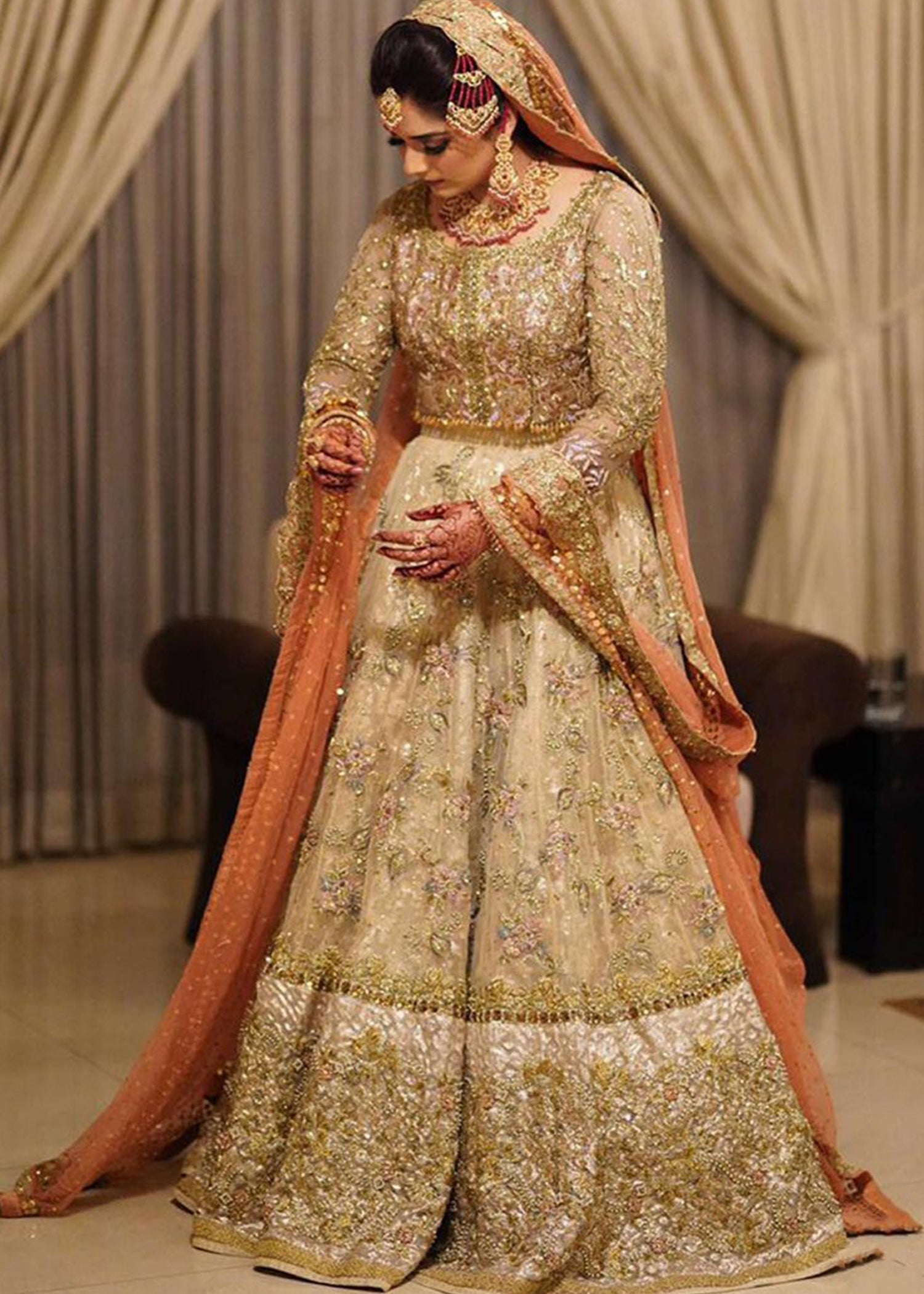 Pakistani Peach Ivory Embellished Net Organza Bridal Lehenga (3-Piece) - Image 2