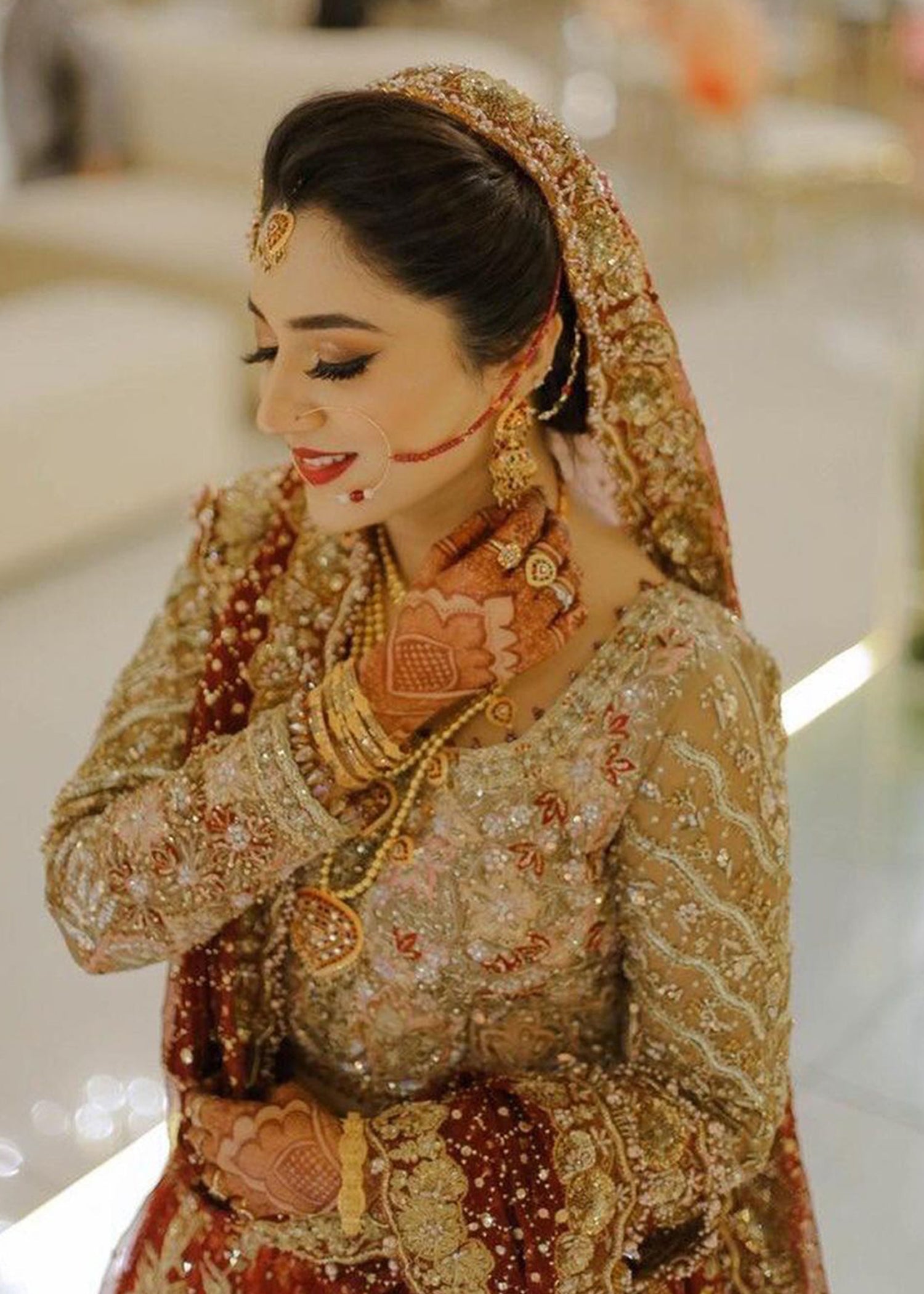 Pakistani Peach Ivory Embellished Net Organza Bridal Lehenga (3-Piece) - Image 4