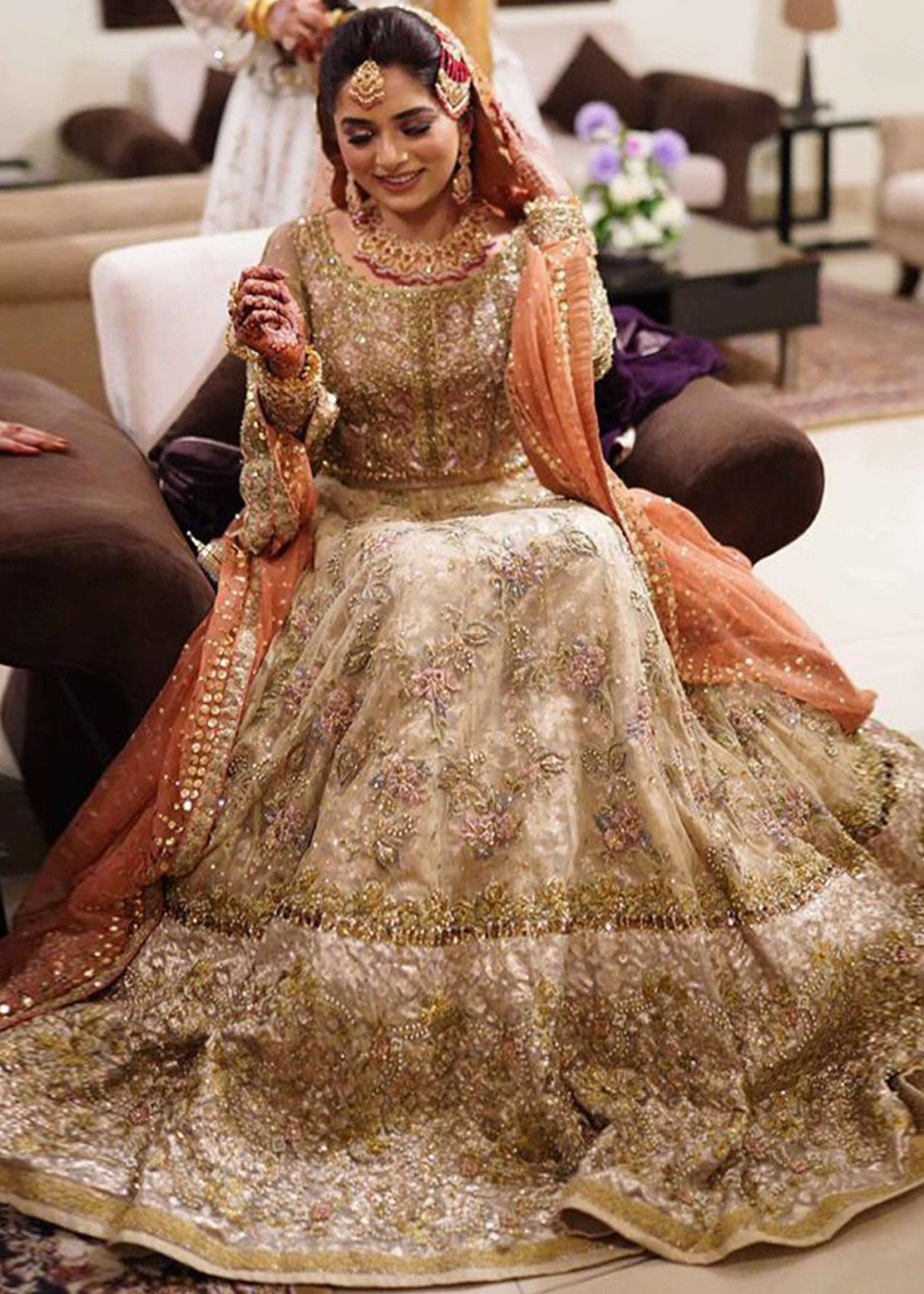 Pakistani Peach Ivory Embellished Net Organza Bridal Lehenga (3-Piece) - Image 8