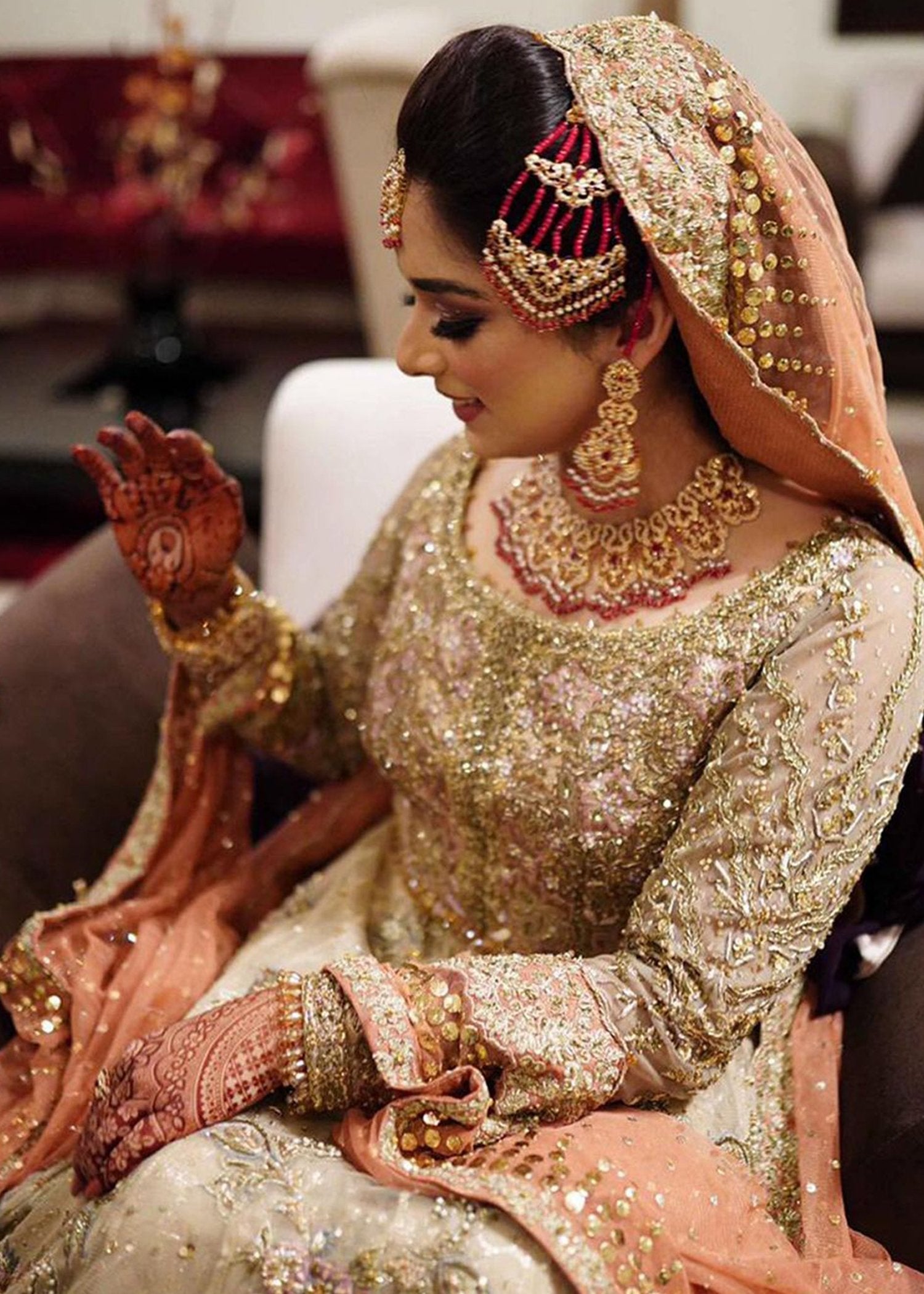 Pakistani Peach Ivory Embellished Net Organza Bridal Lehenga (3-Piece) - Image 9