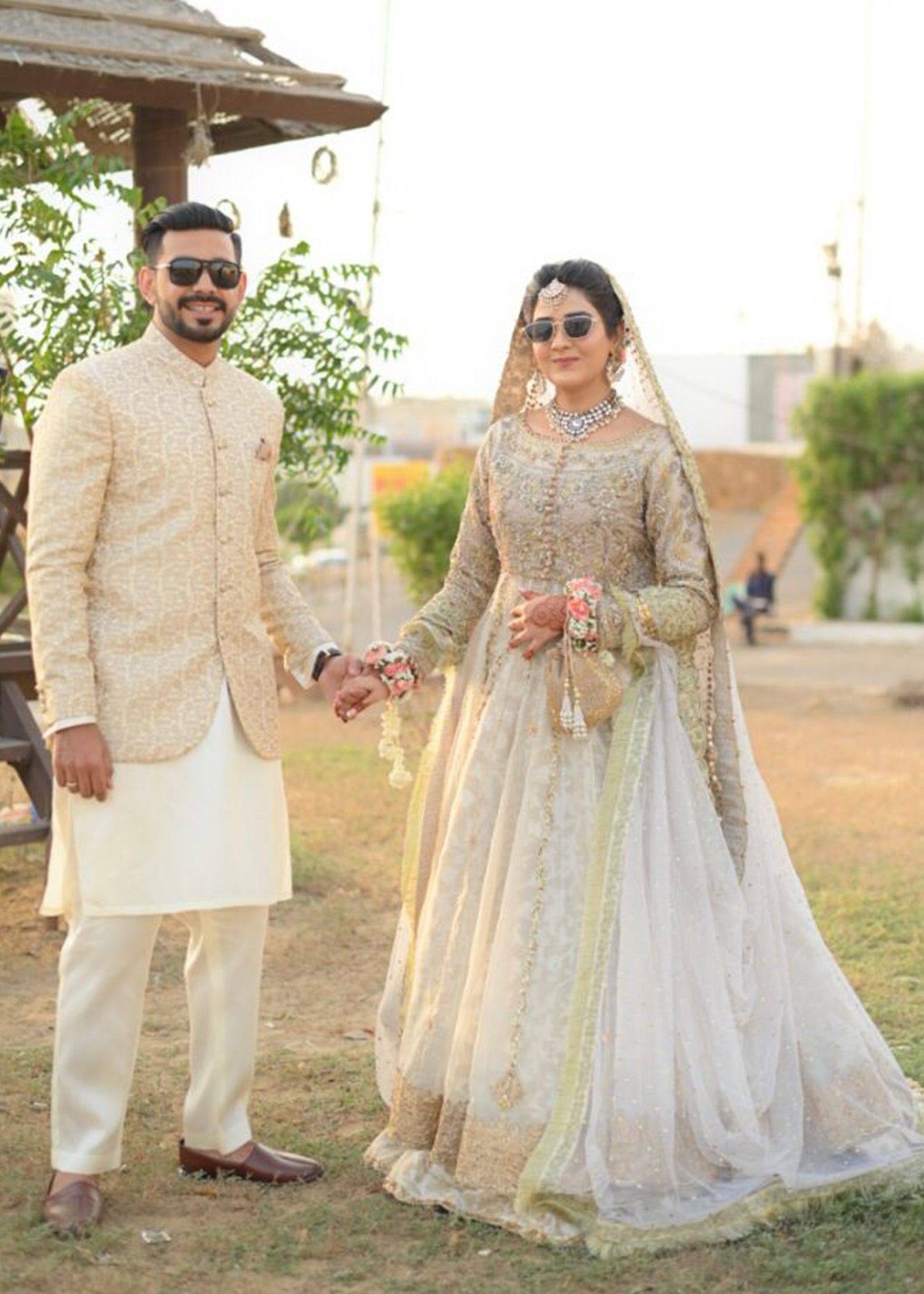 Pakistani Ivory Gold Embellished Net Silk Bridal Lehenga (3-Piece) - Image 1