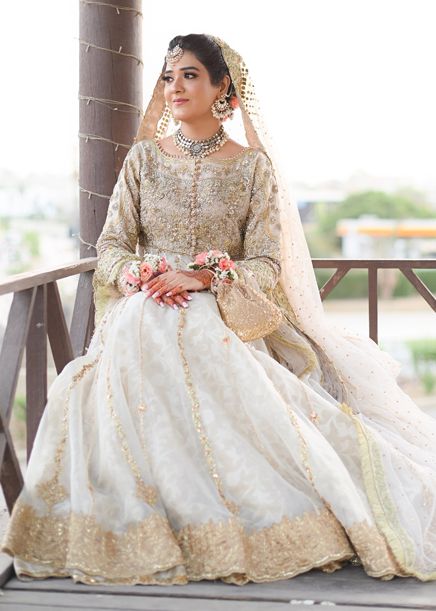 Pakistani Ivory Gold Embellished Net Silk Bridal Lehenga (3-Piece) - Image 11