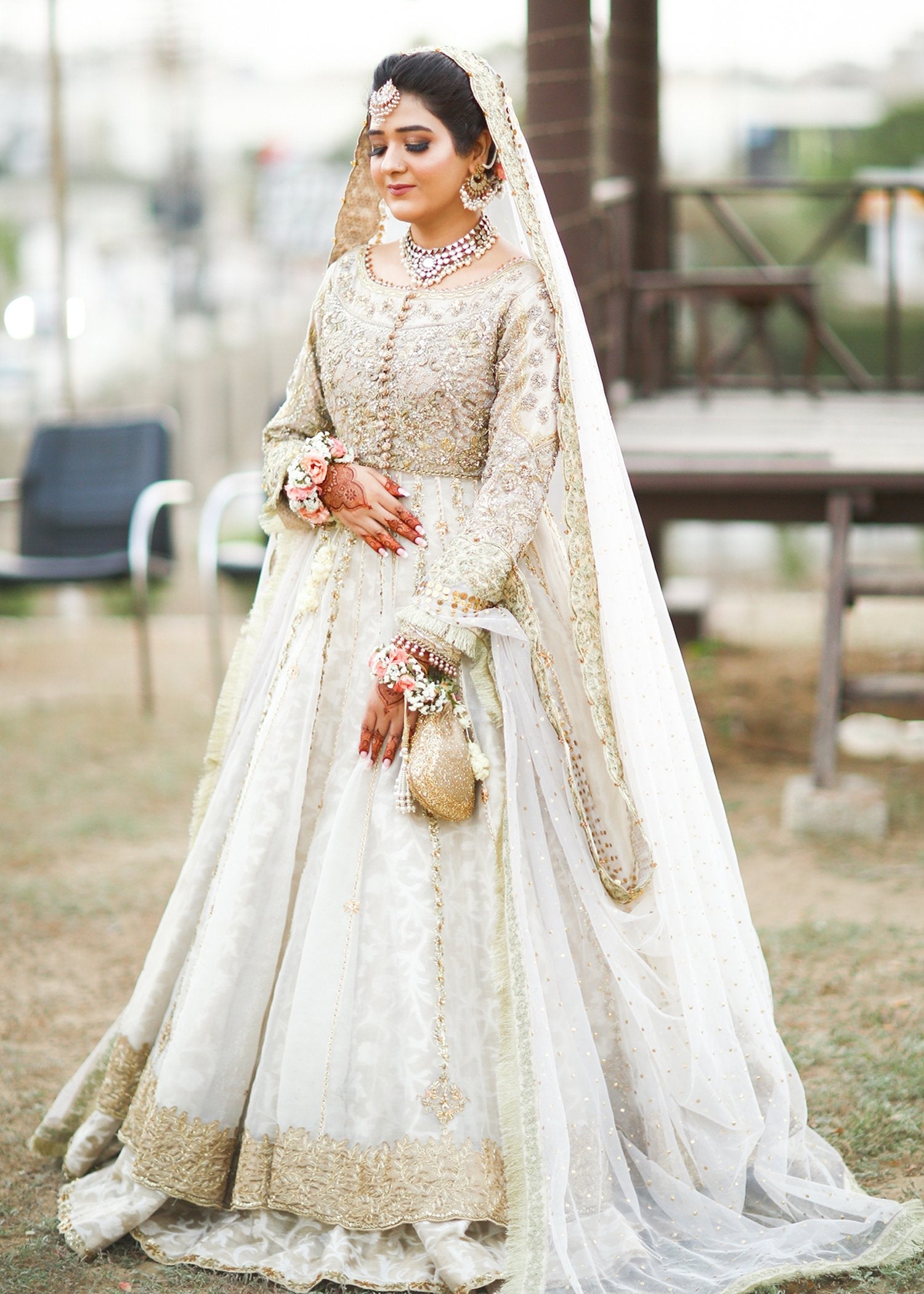 Pakistani Ivory Gold Embellished Net Silk Bridal Lehenga (3-Piece) - Image 13