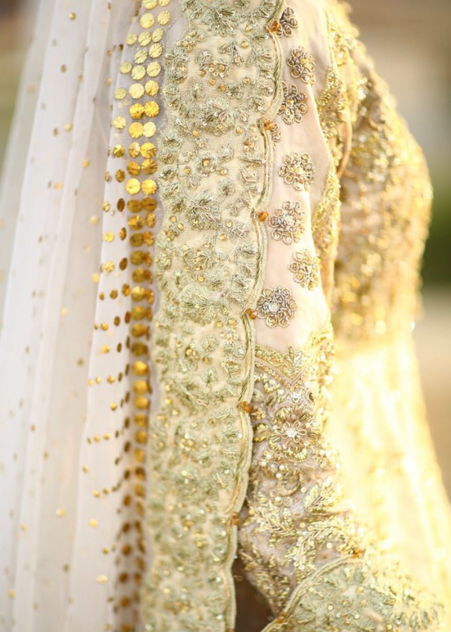Pakistani Ivory Gold Embellished Net Silk Bridal Lehenga (3-Piece) - Image 2