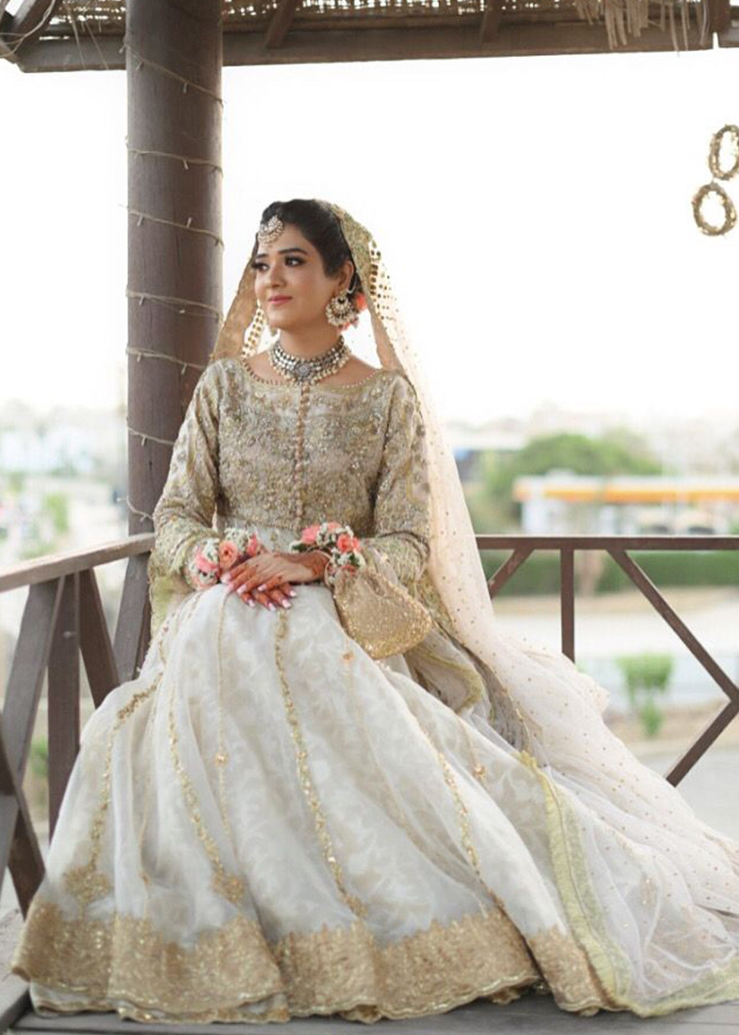 Pakistani Ivory Gold Embellished Net Silk Bridal Lehenga (3-Piece) - Image 3