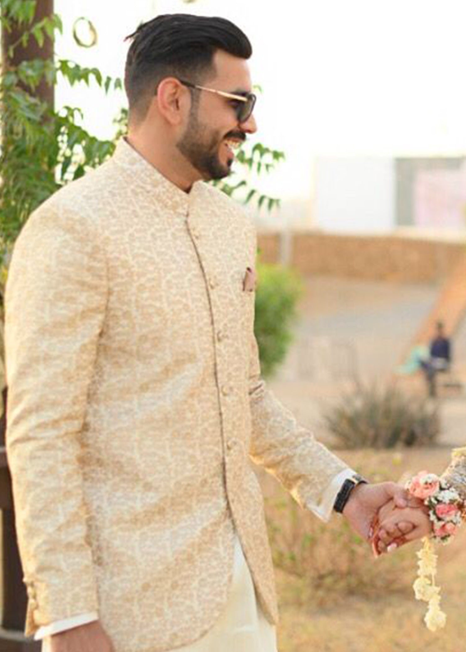 Pakistani Ivory Gold Embellished Net Silk Bridal Lehenga (3-Piece) - Image 6