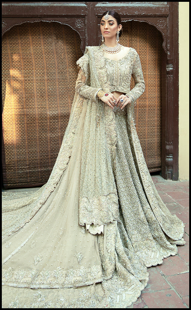 Pakistani Ivory Mint Embellished Net Bridal Lehenga (3-Piece) - Image 4