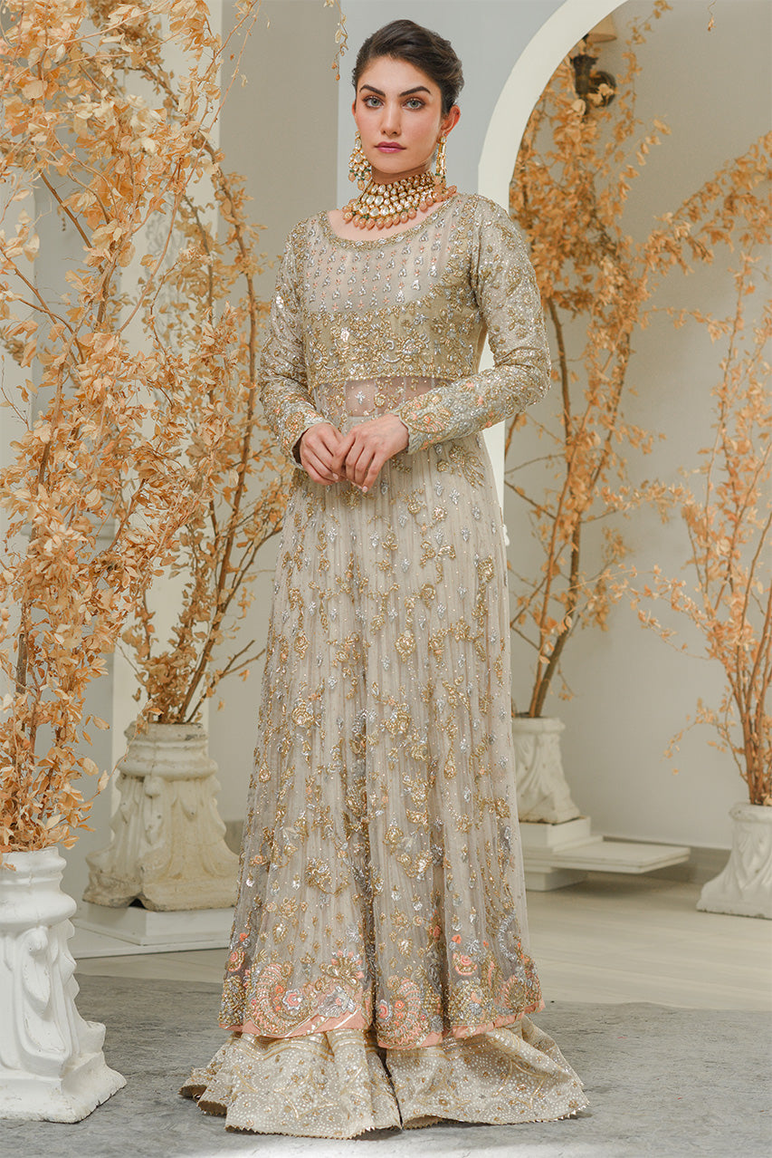 Pakistani Ivory Gold Coral Zardozi Net Bridal Lehenga (3-Piece) - Image 1