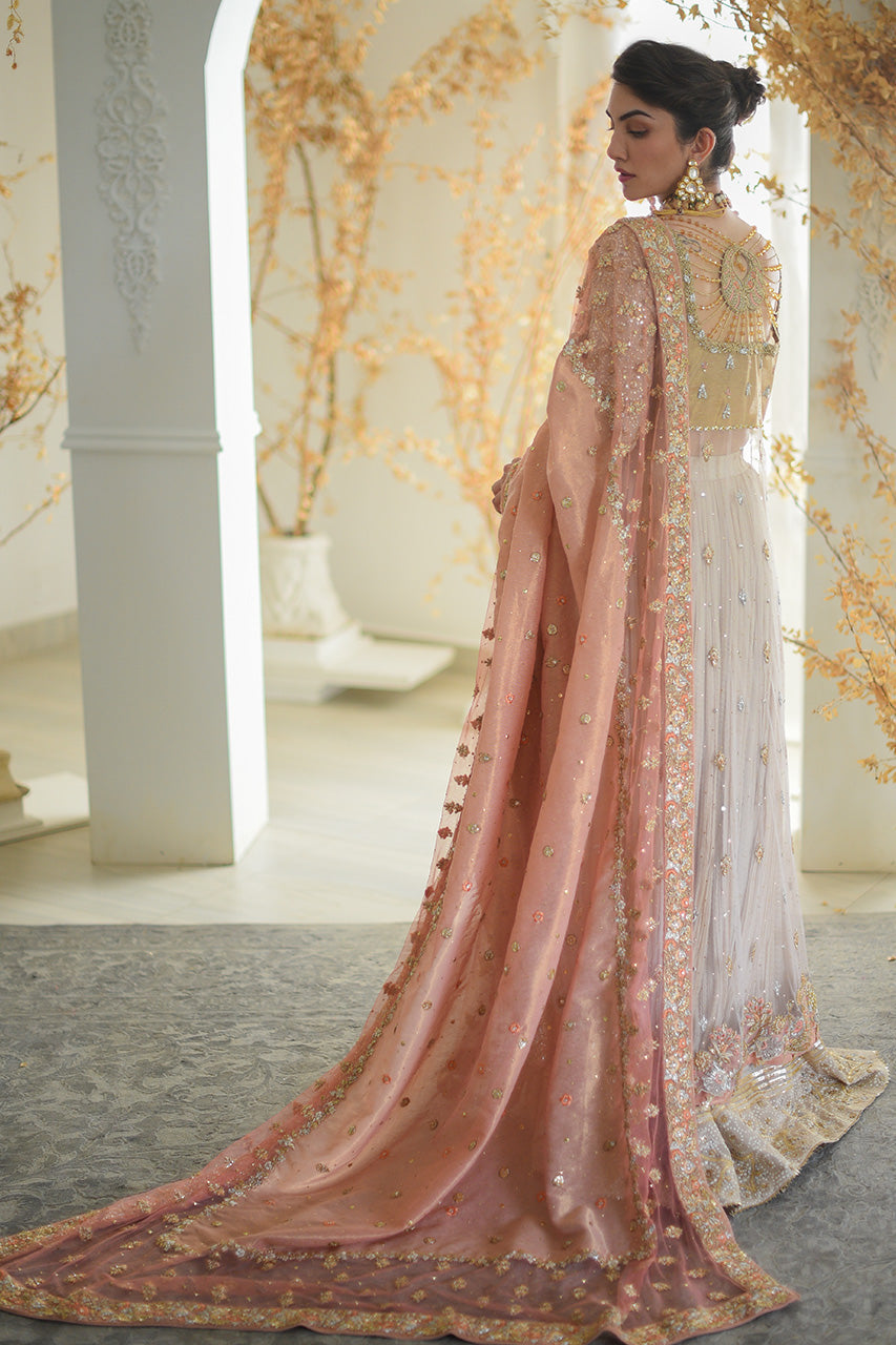Pakistani Ivory Gold Coral Zardozi Net Bridal Lehenga (3-Piece) - Image 3