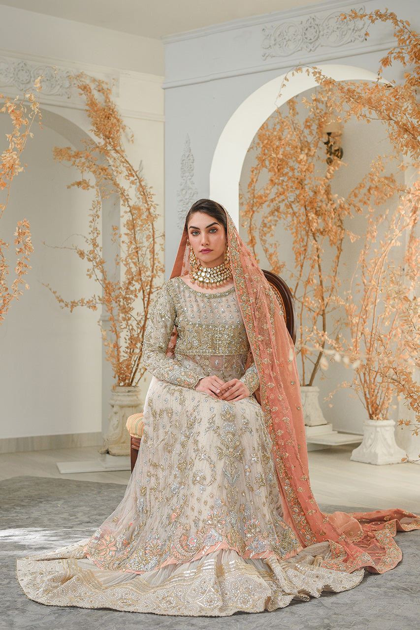 Pakistani Ivory Gold Coral Zardozi Net Bridal Lehenga (3-Piece) - Image 4