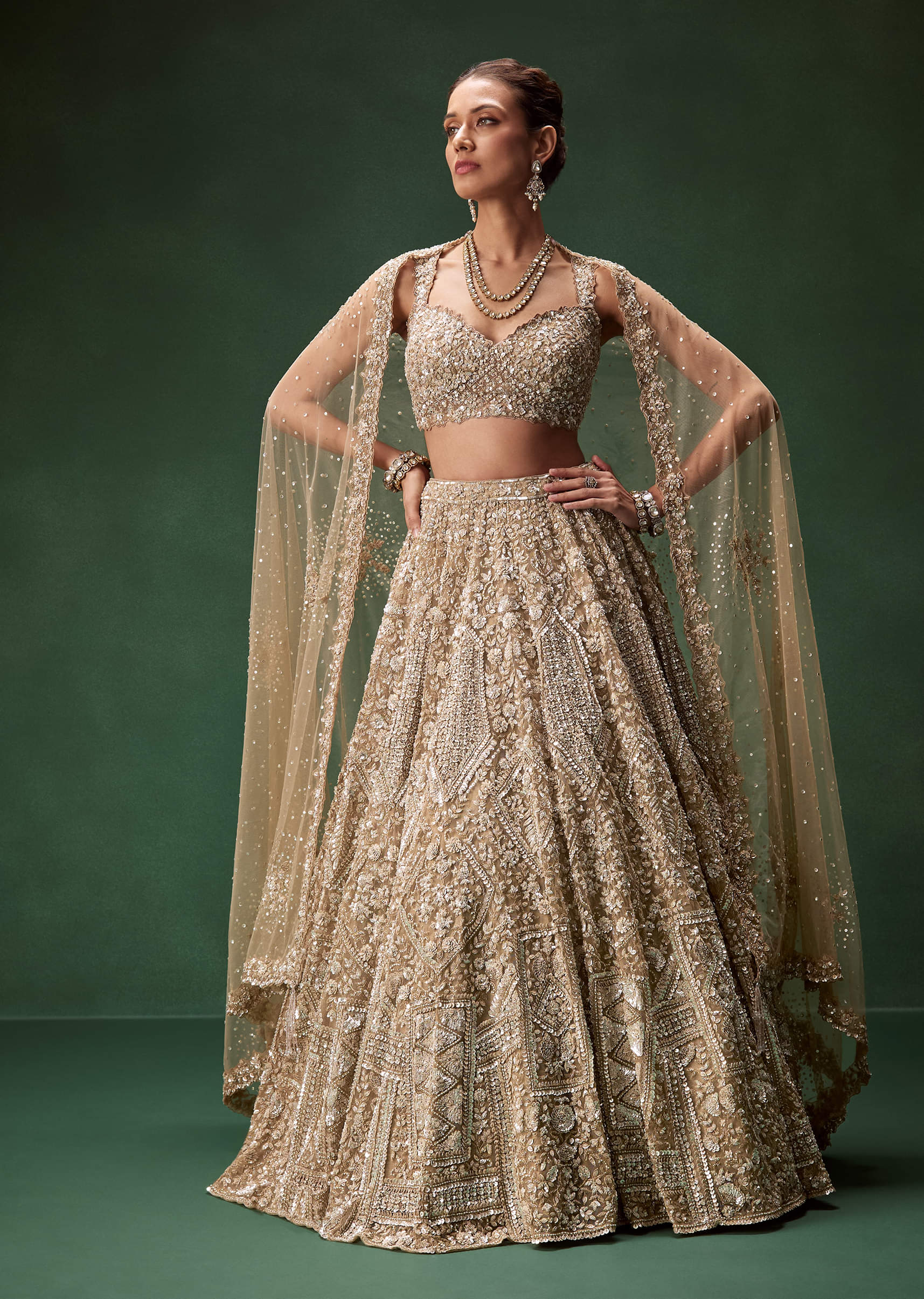 Nude Embellished Net Bridal Lehenga (3-Piece) - Image 1