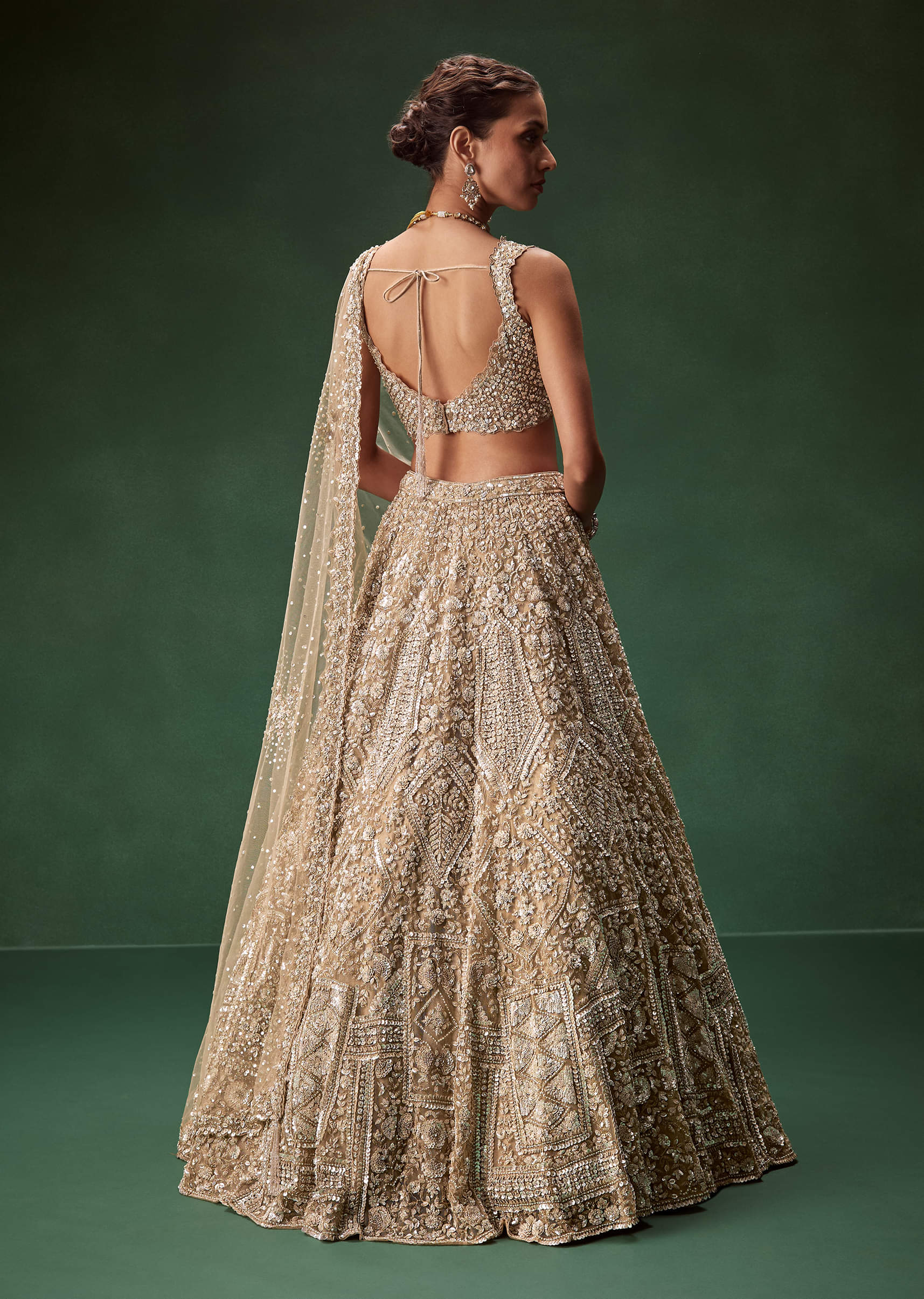 Nude Embellished Net Bridal Lehenga (3-Piece) - Image 2