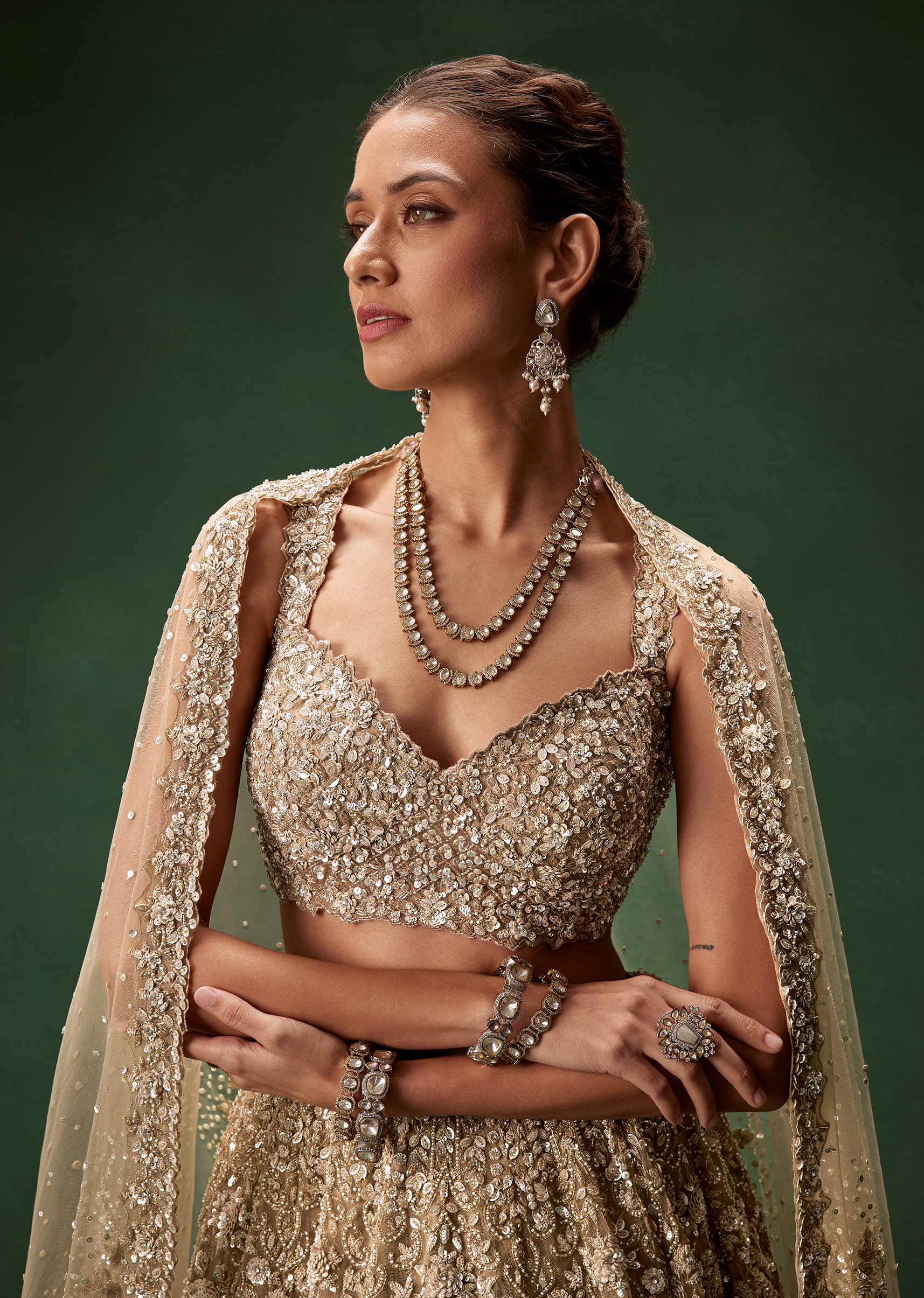 Nude Embellished Net Bridal Lehenga (3-Piece) - Image 4