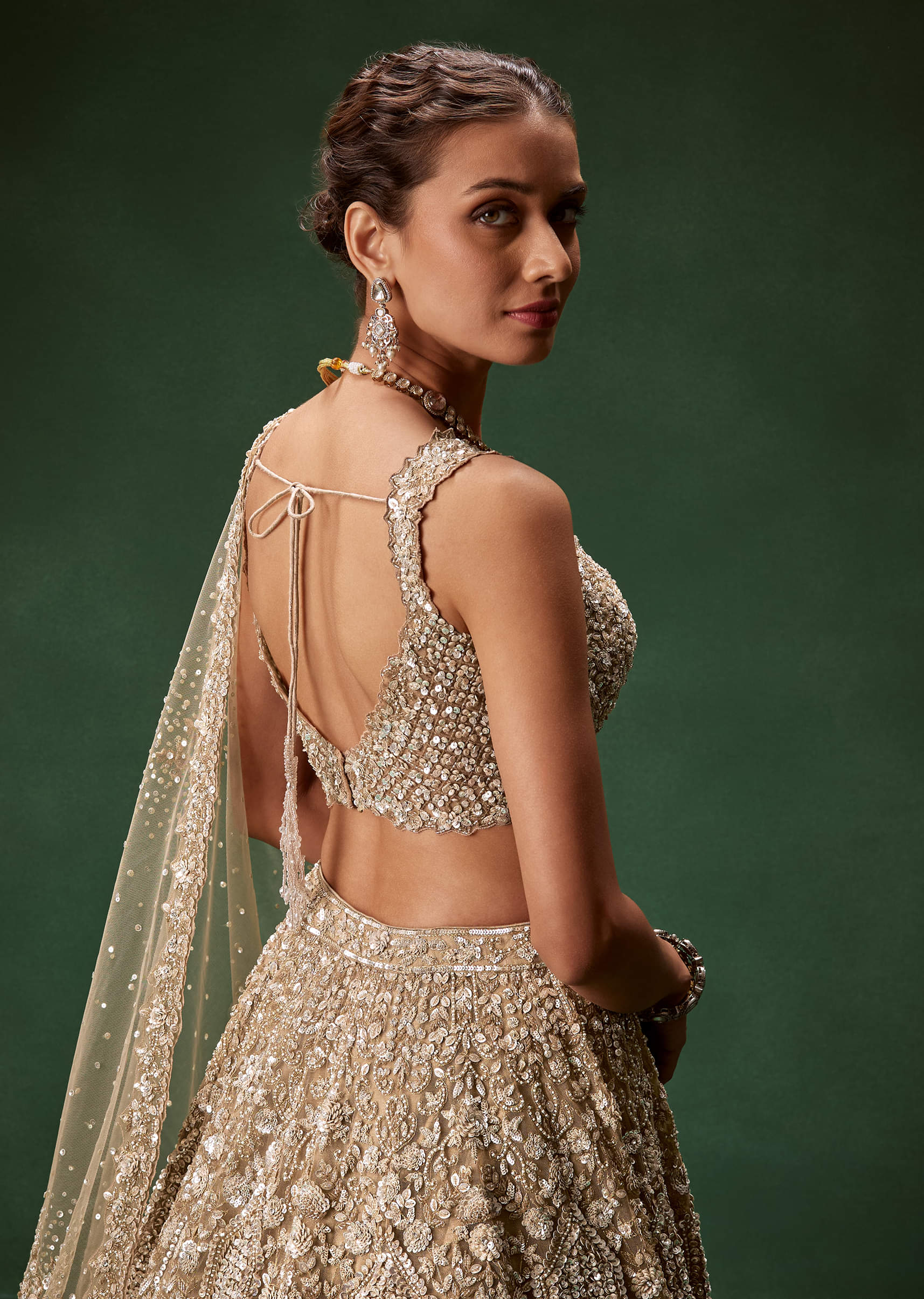Nude Embellished Net Bridal Lehenga (3-Piece) - Image 7