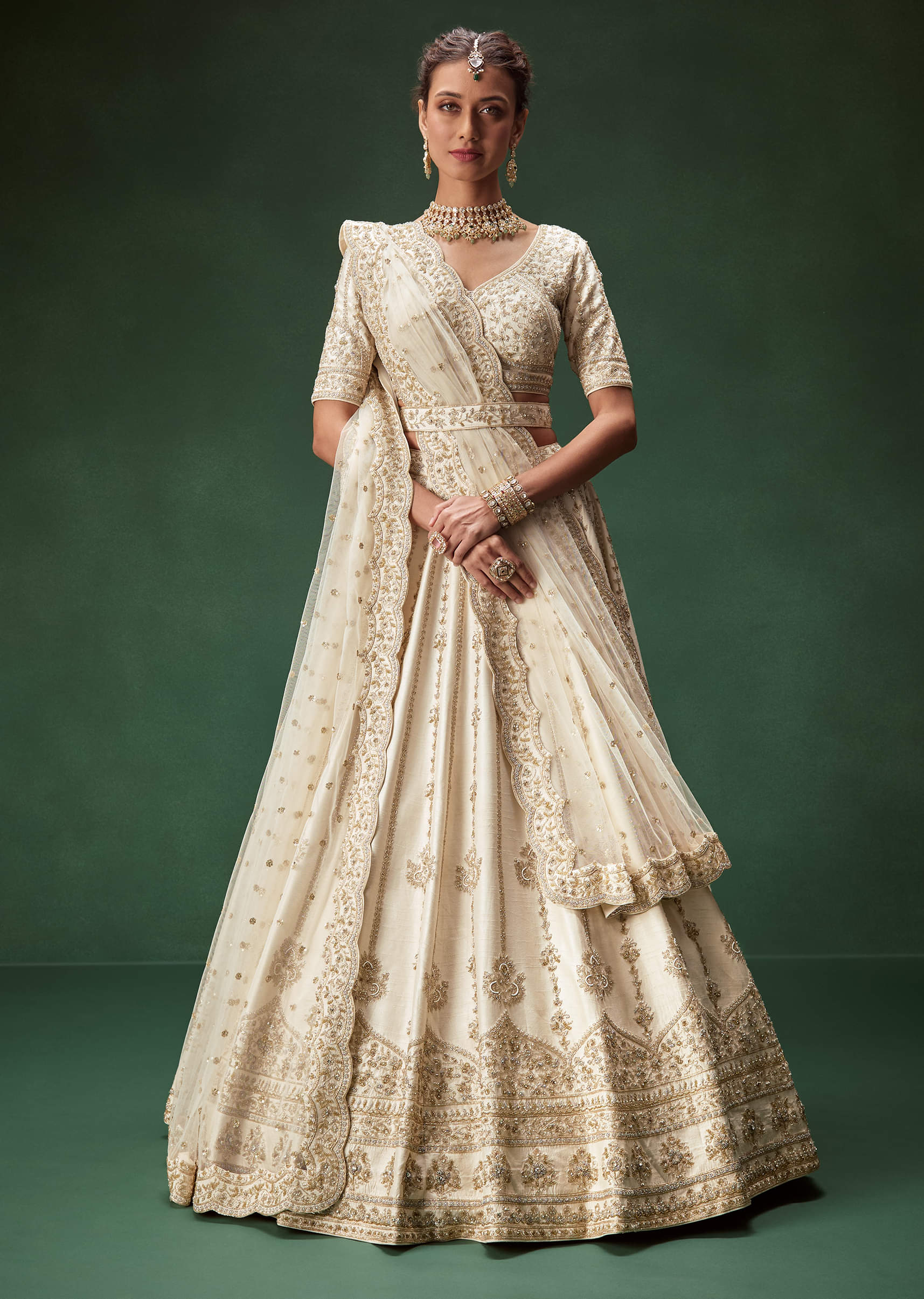 Off-White Zari Sequin Net Bridal Lehenga (3-Piece) - Image 1