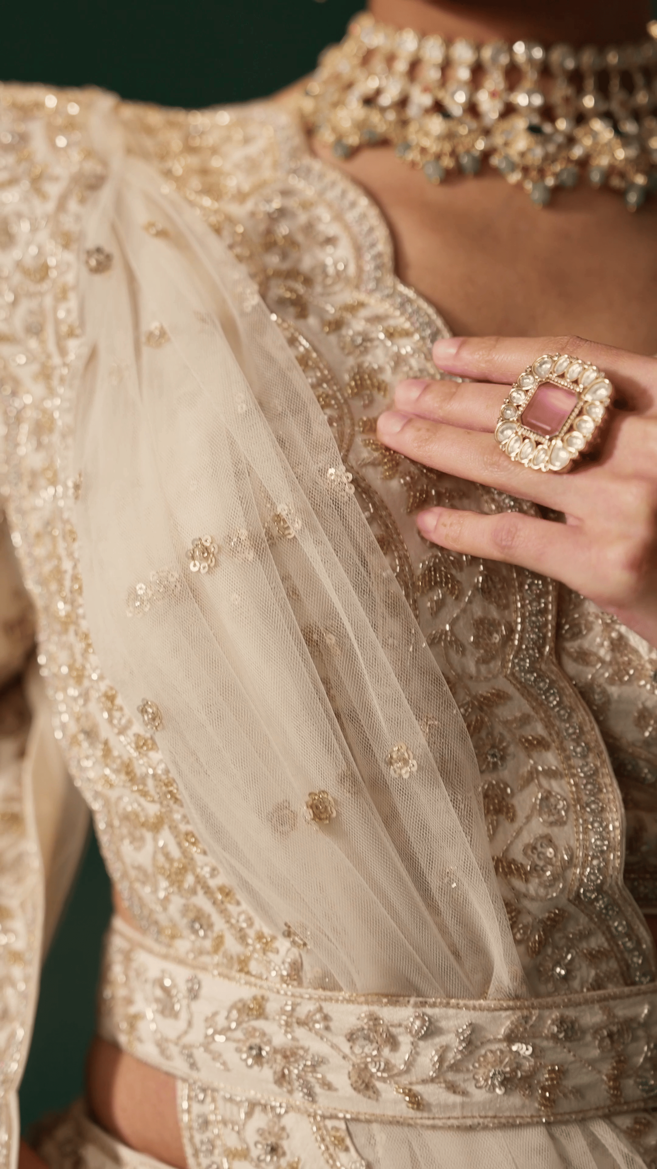 Off-White Zari Sequin Net Bridal Lehenga (3-Piece) - Image 3