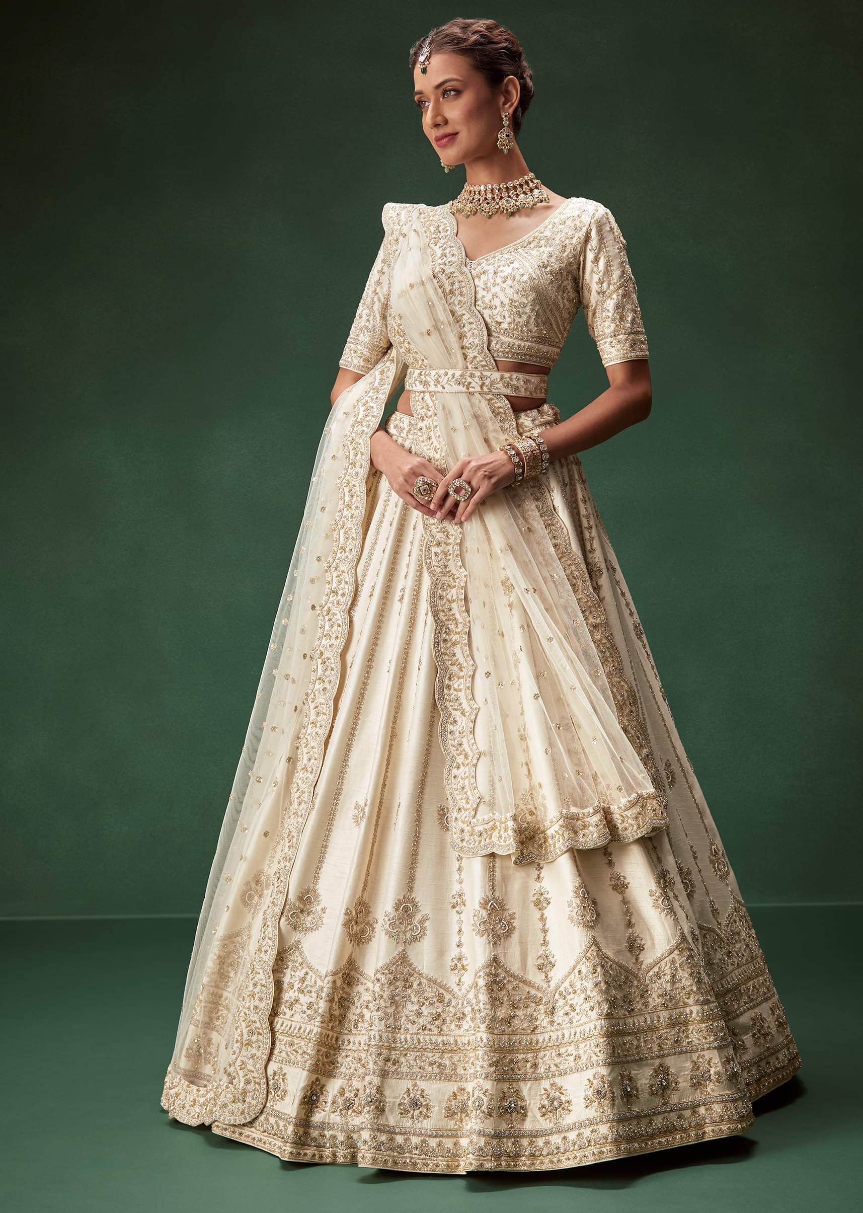 Off-White Zari Sequin Net Bridal Lehenga (3-Piece) - Image 5