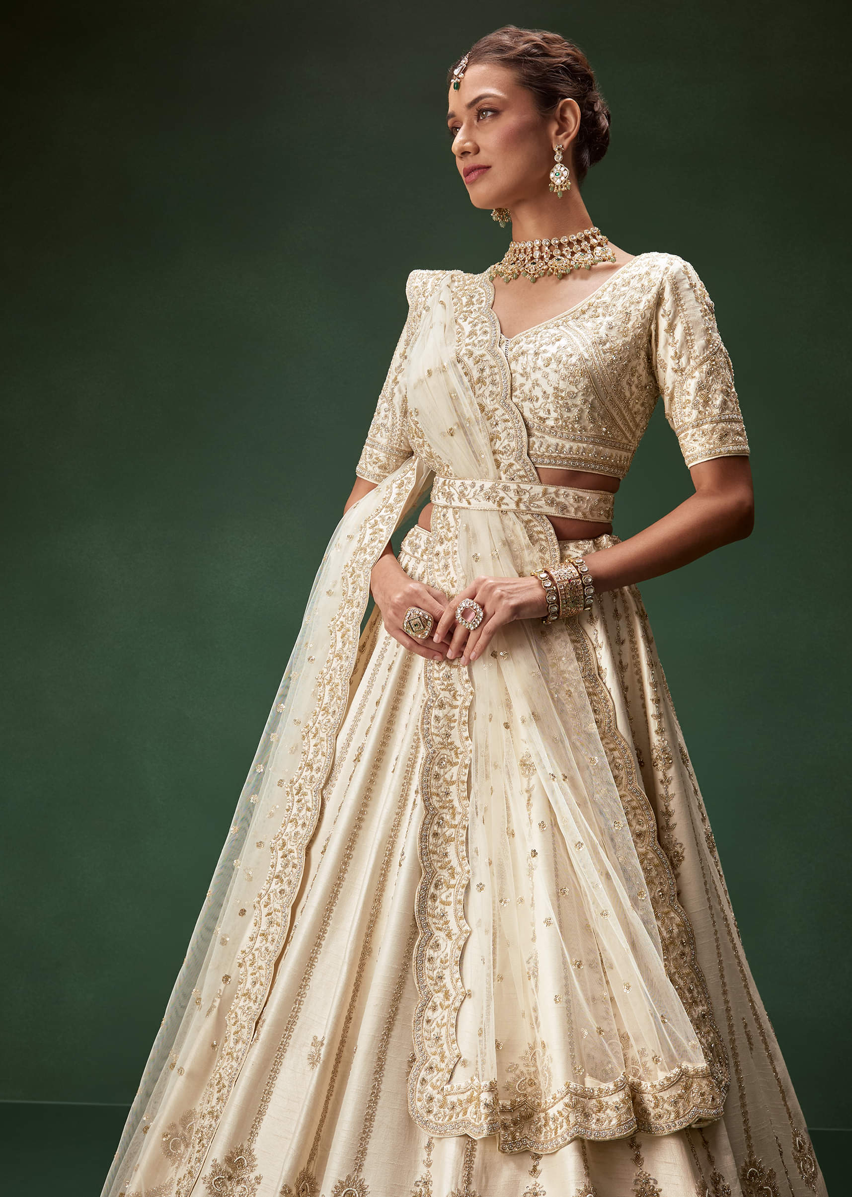Off-White Zari Sequin Net Bridal Lehenga (3-Piece) - Image 6