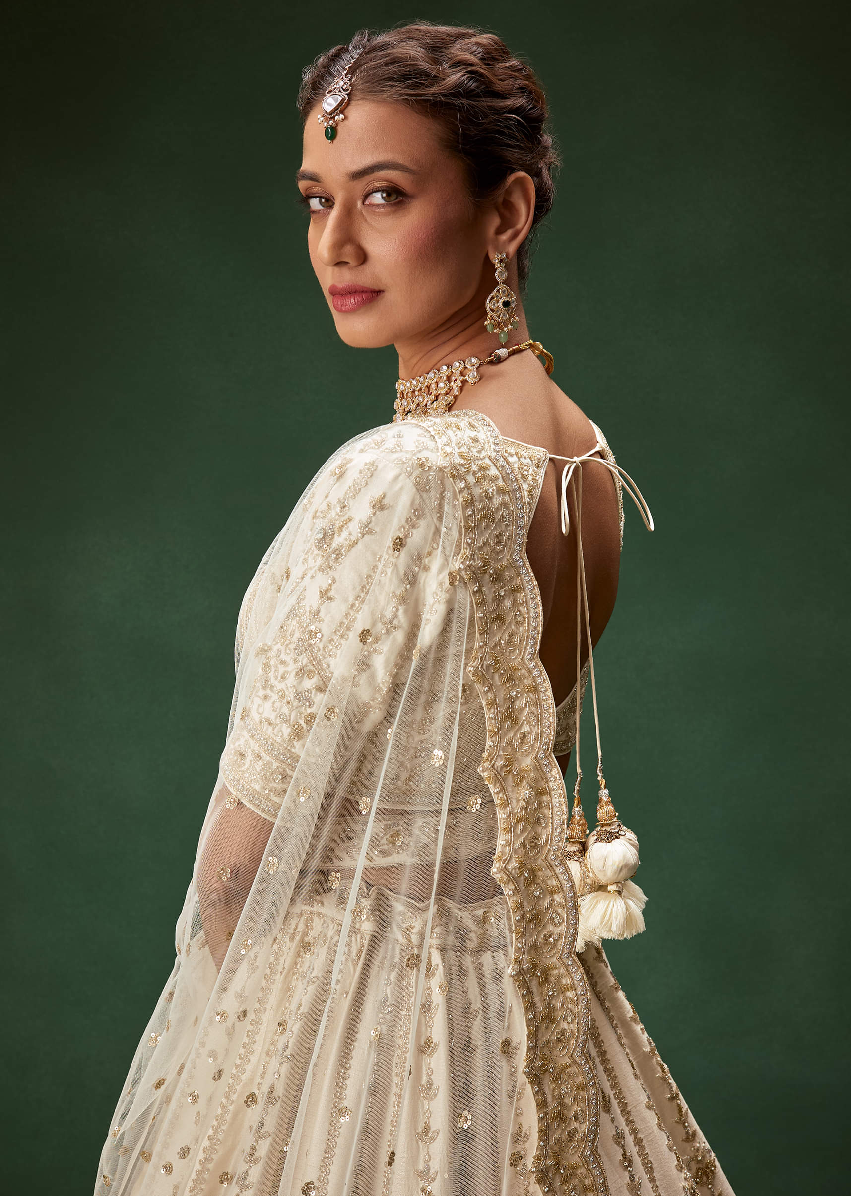 Off-White Zari Sequin Net Bridal Lehenga (3-Piece) - Image 7