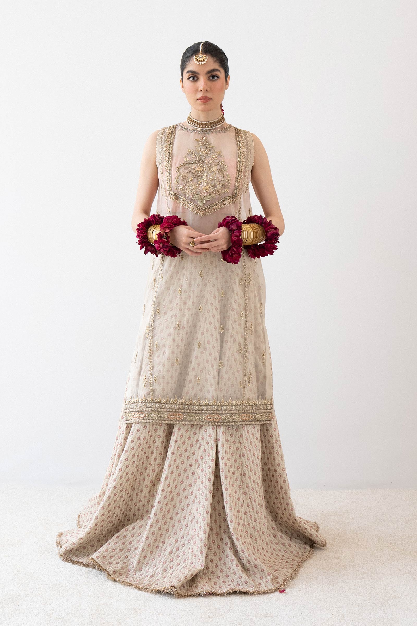Pakistani Ivory Embroidered Organza & Silk Lehenga (3-Piece) - Image 1