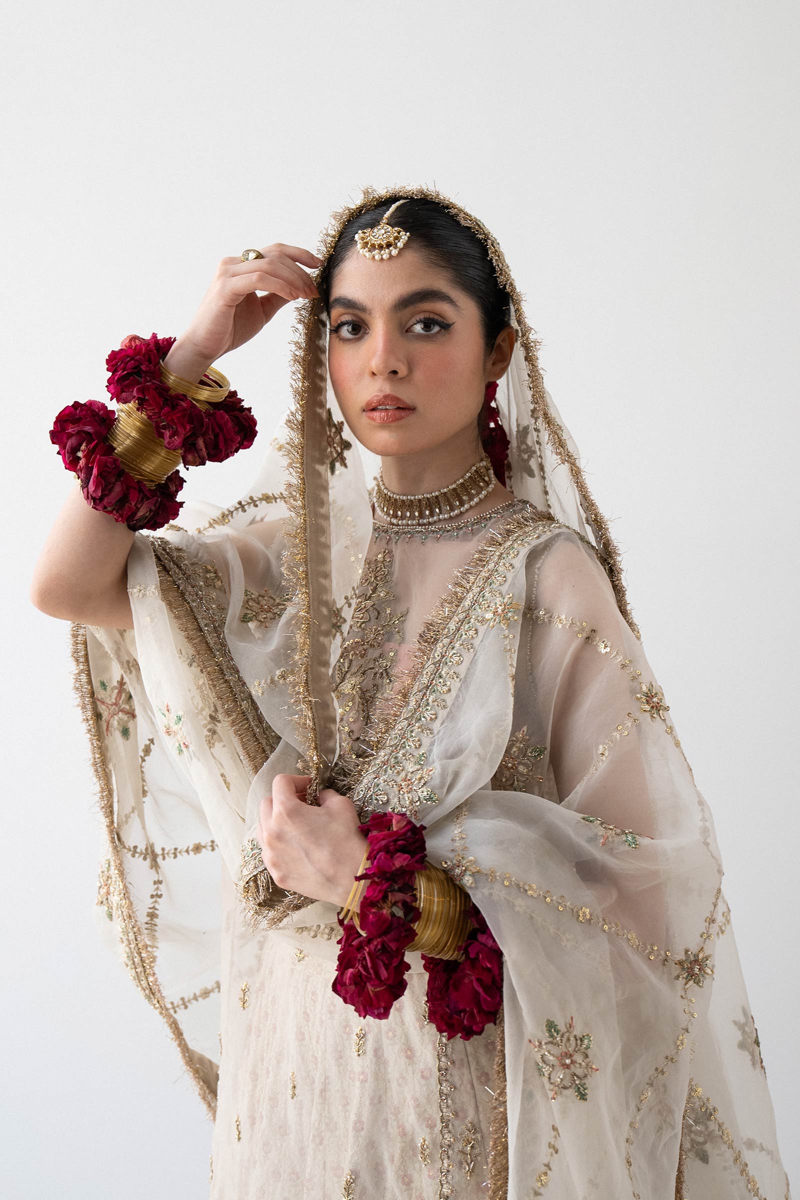 Pakistani Ivory Embroidered Organza & Silk Lehenga (3-Piece) - Image 2