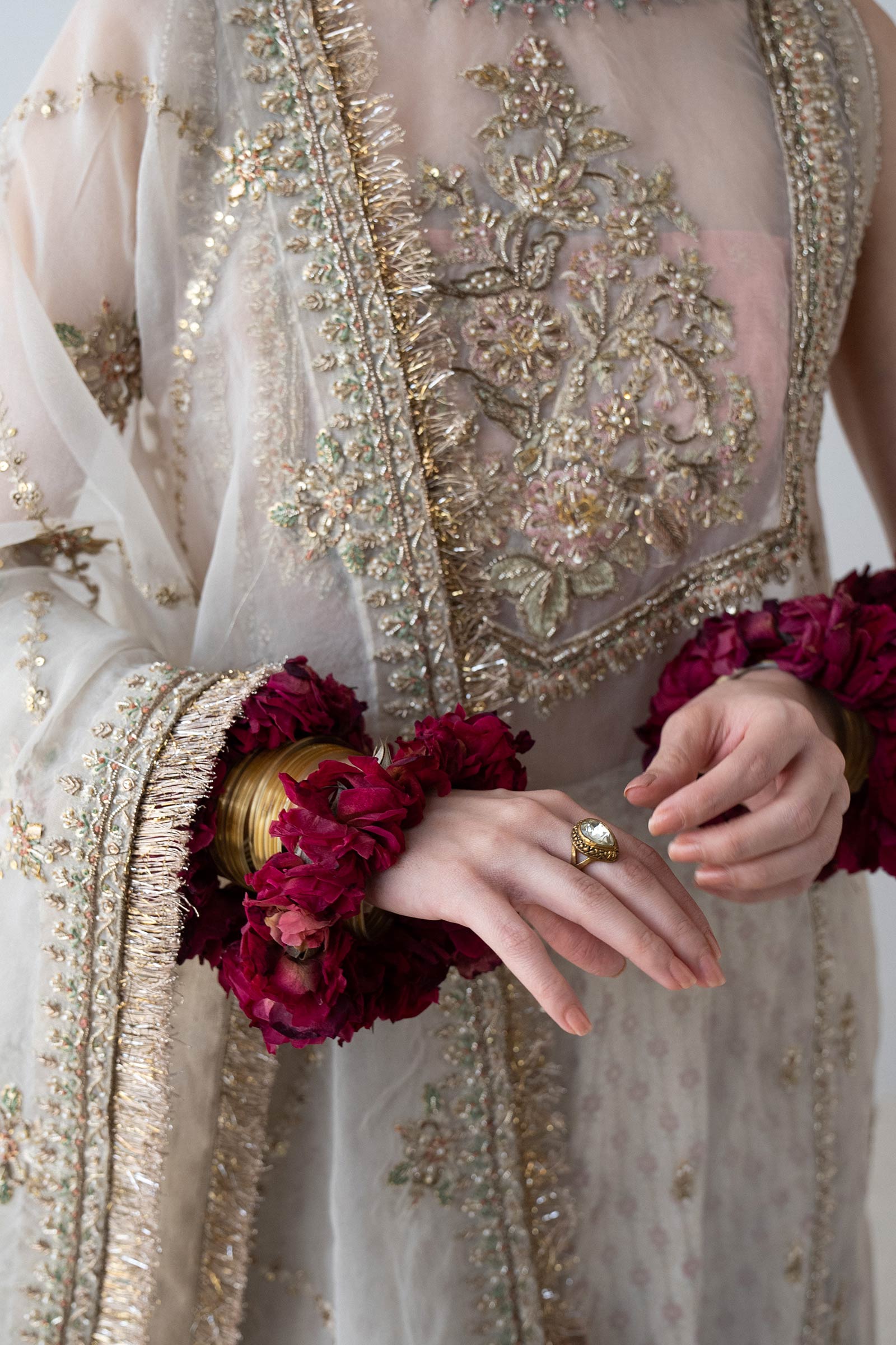 Pakistani Ivory Embroidered Organza & Silk Lehenga (3-Piece) - Image 3