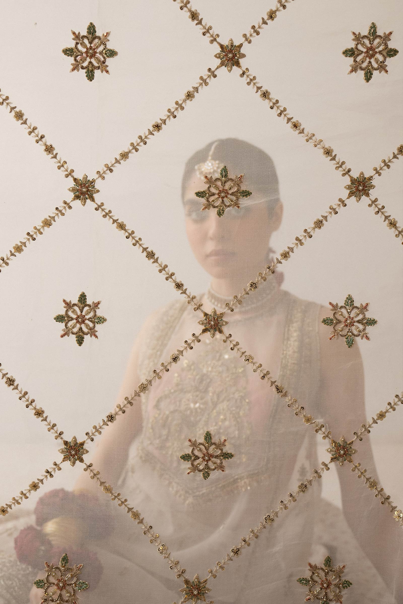 Pakistani Ivory Embroidered Organza & Silk Lehenga (3-Piece) - Image 4