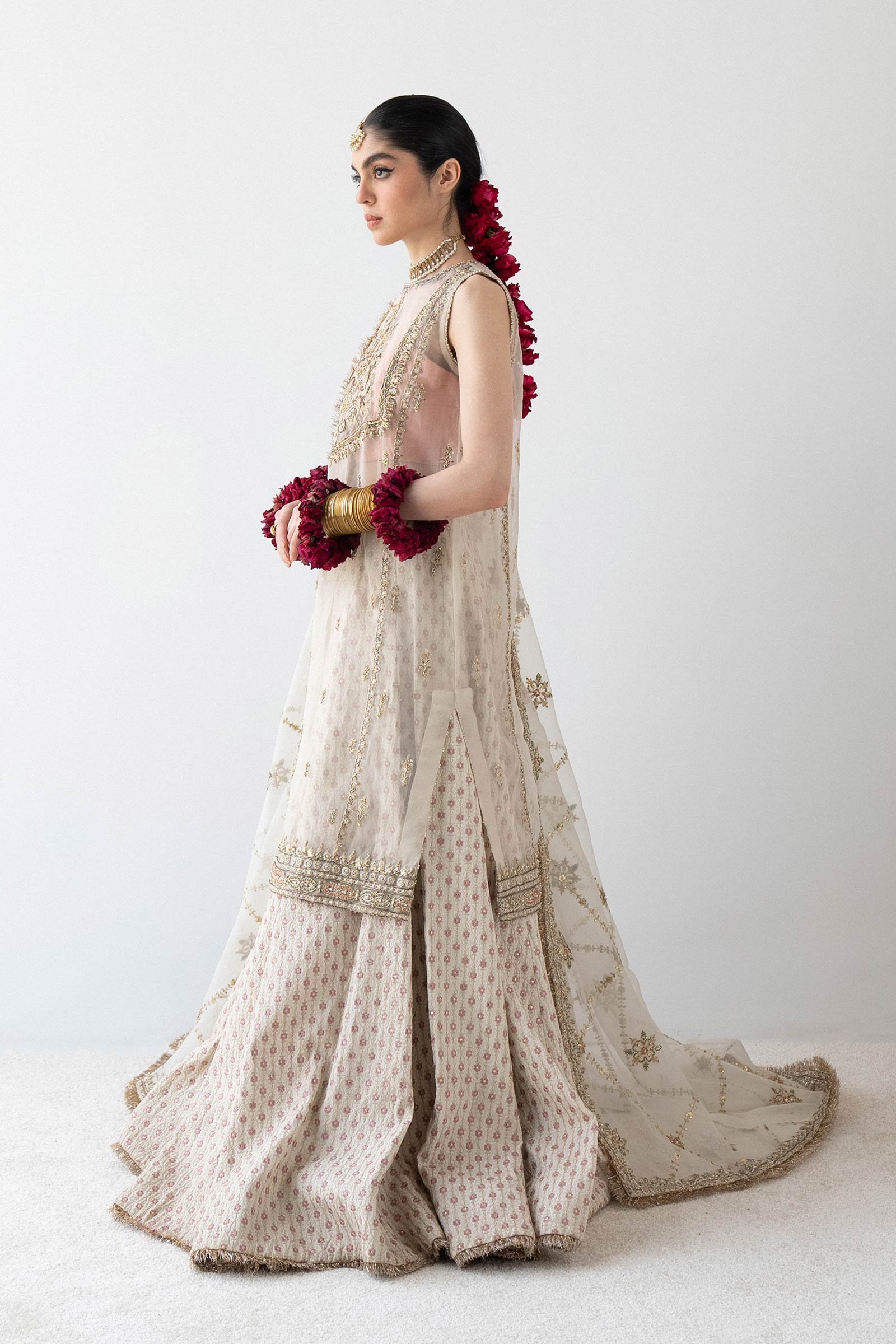 Pakistani Ivory Embroidered Organza & Silk Lehenga (3-Piece) - Image 5