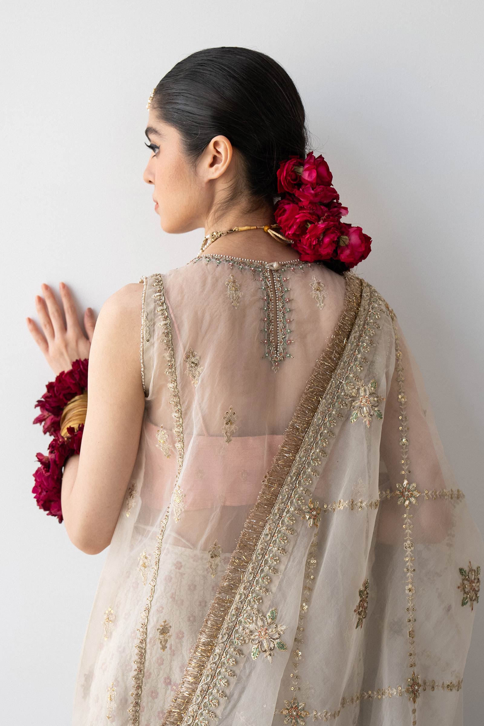 Pakistani Ivory Embroidered Organza & Silk Lehenga (3-Piece) - Image 6