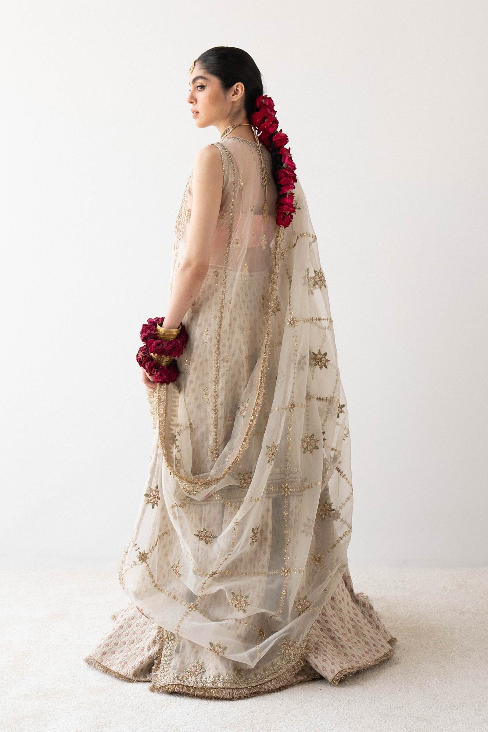 Pakistani Ivory Embroidered Organza & Silk Lehenga (3-Piece) - Image 7