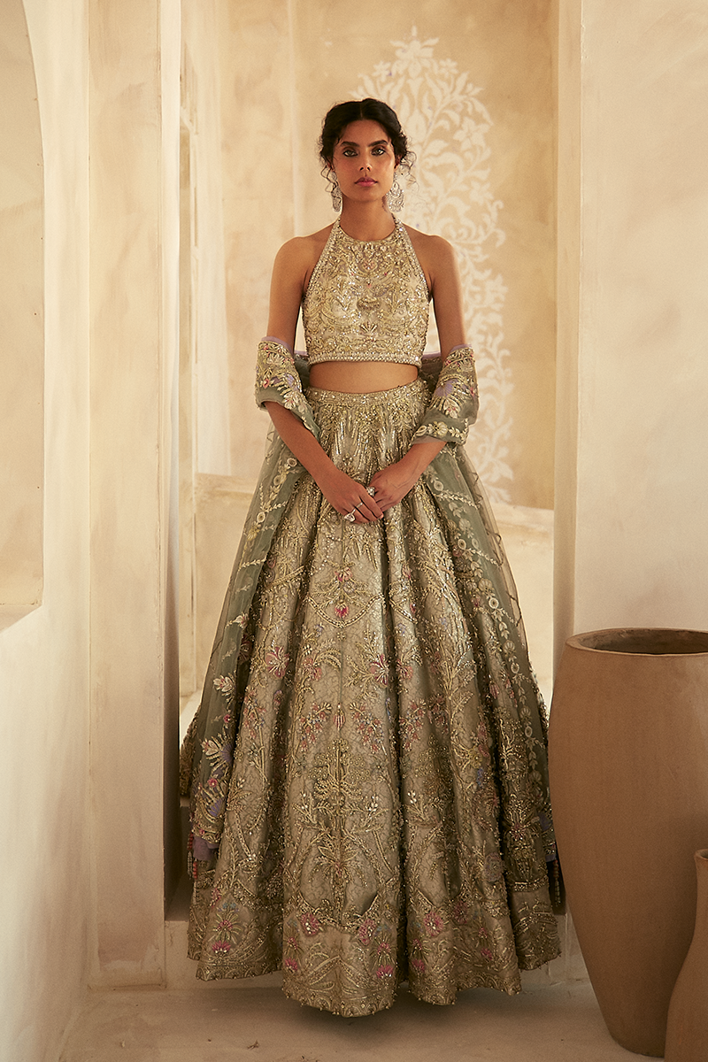 Pakistani Ivory Sage Green Embroidered Organza Net Lehenga (3-Piece) - Image 1