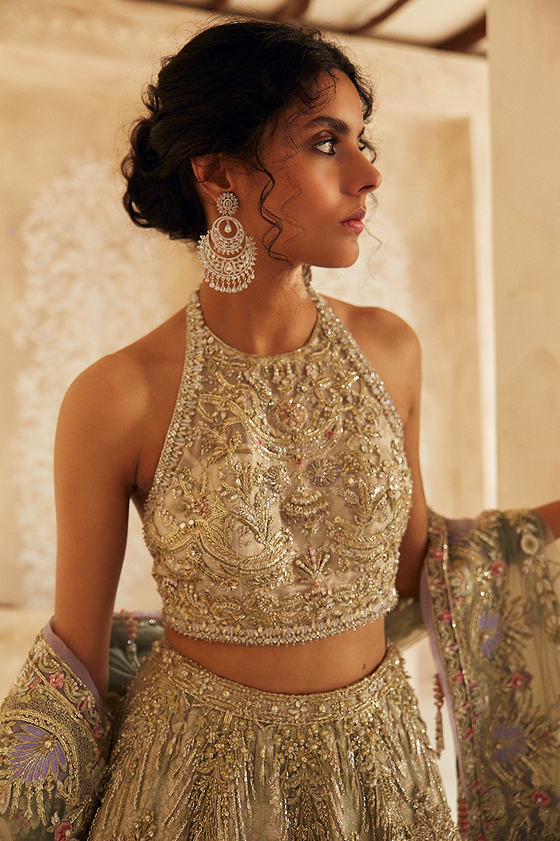 Pakistani Ivory Sage Green Embroidered Organza Net Lehenga (3-Piece) - Image 10