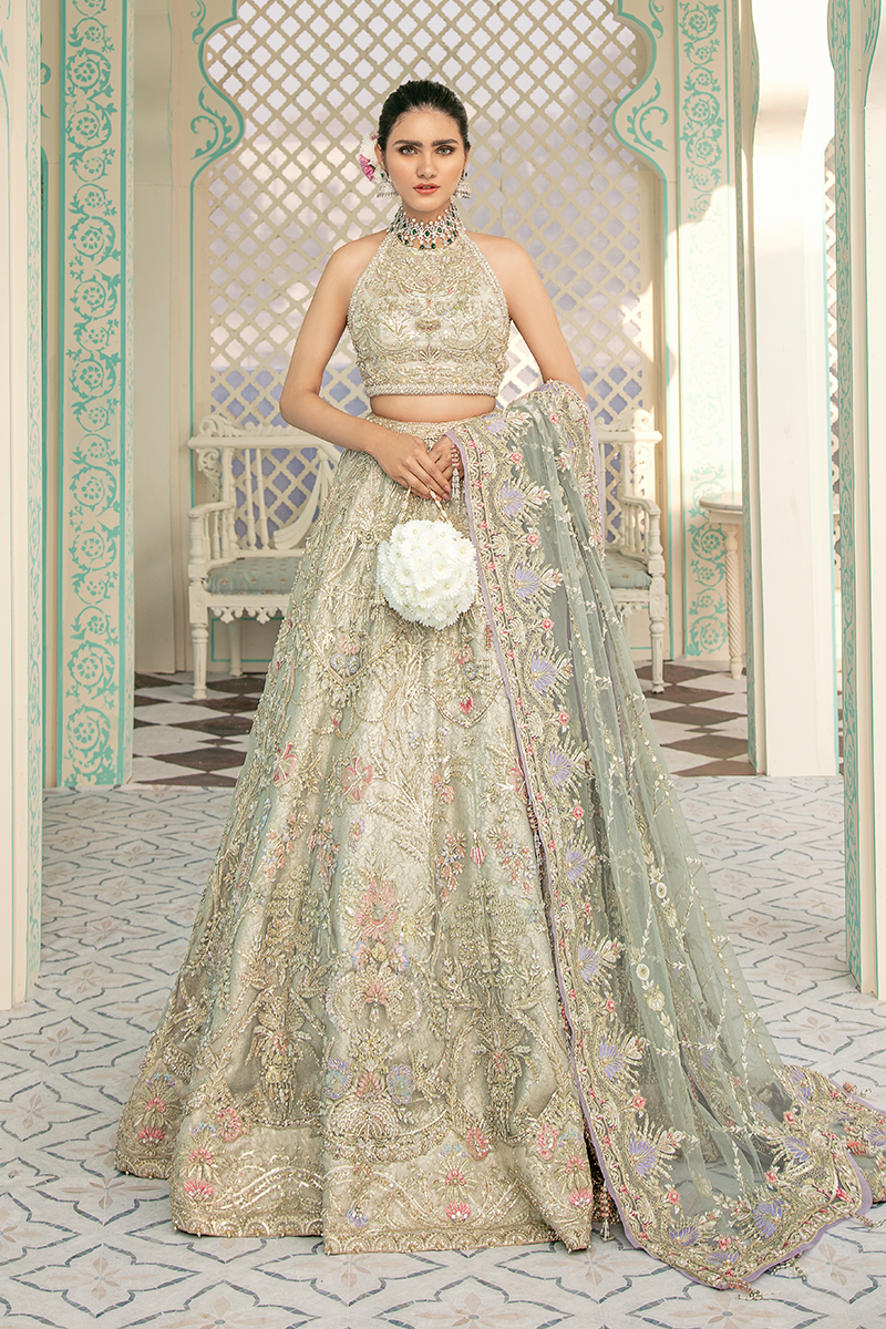 Pakistani Ivory Sage Green Embroidered Organza Net Lehenga (3-Piece) - Image 11